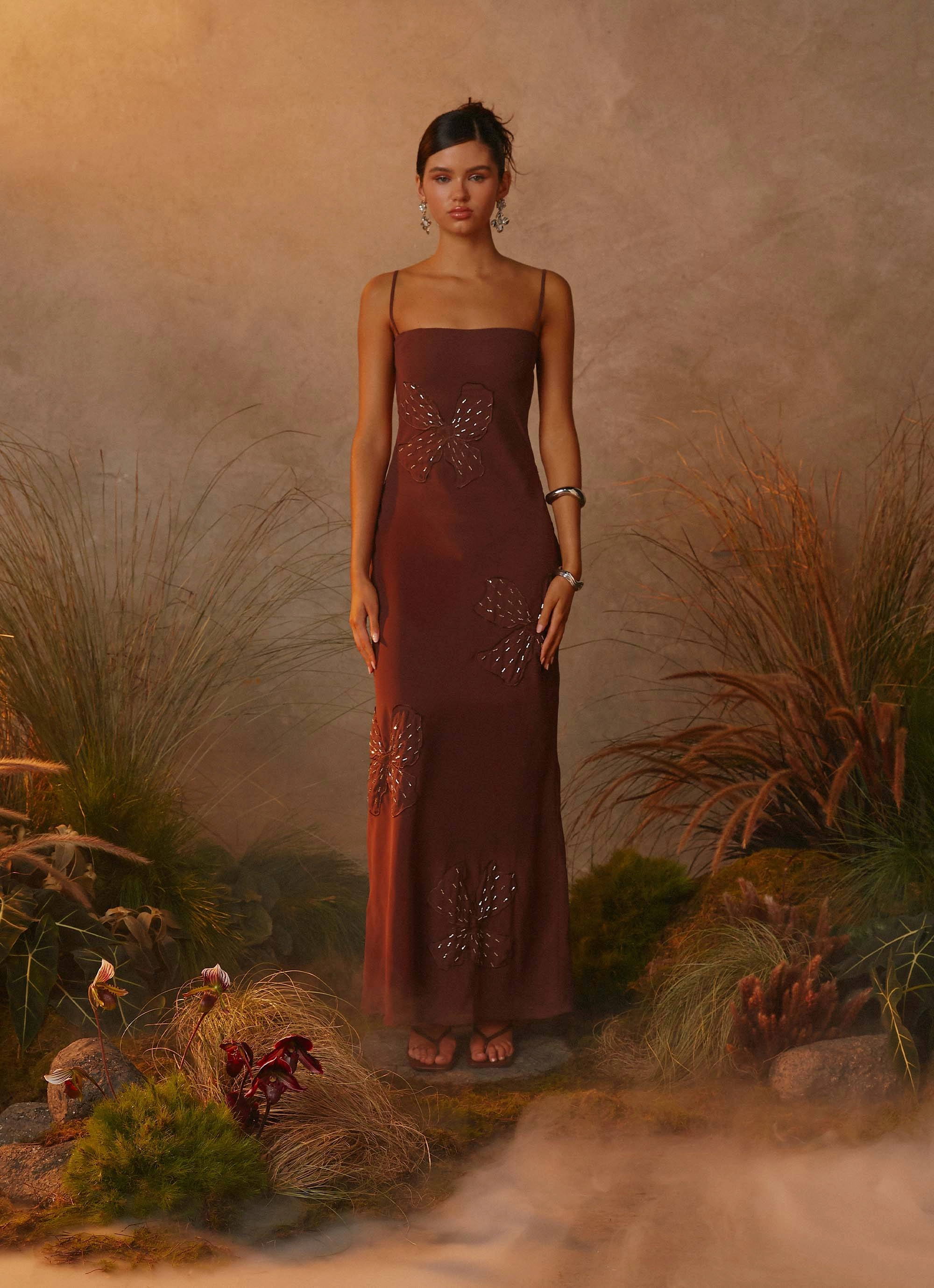 Bayla Beaded Flower Maxi Dress - Chocolate