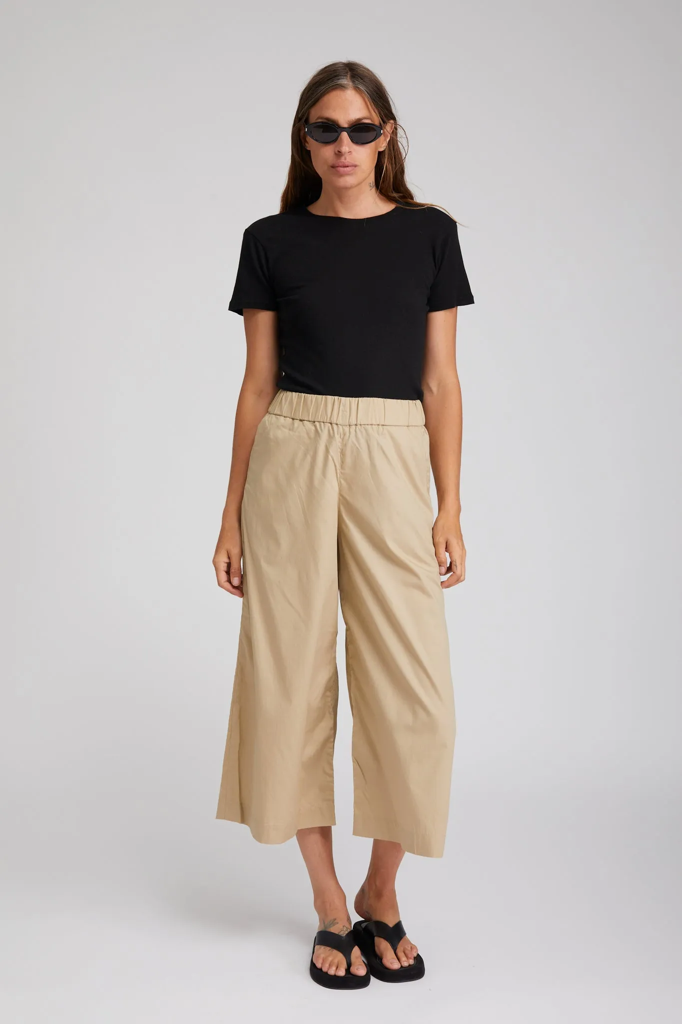 Beige Cotton Poplin Culotte Pants Quality Fabric Low-rise style