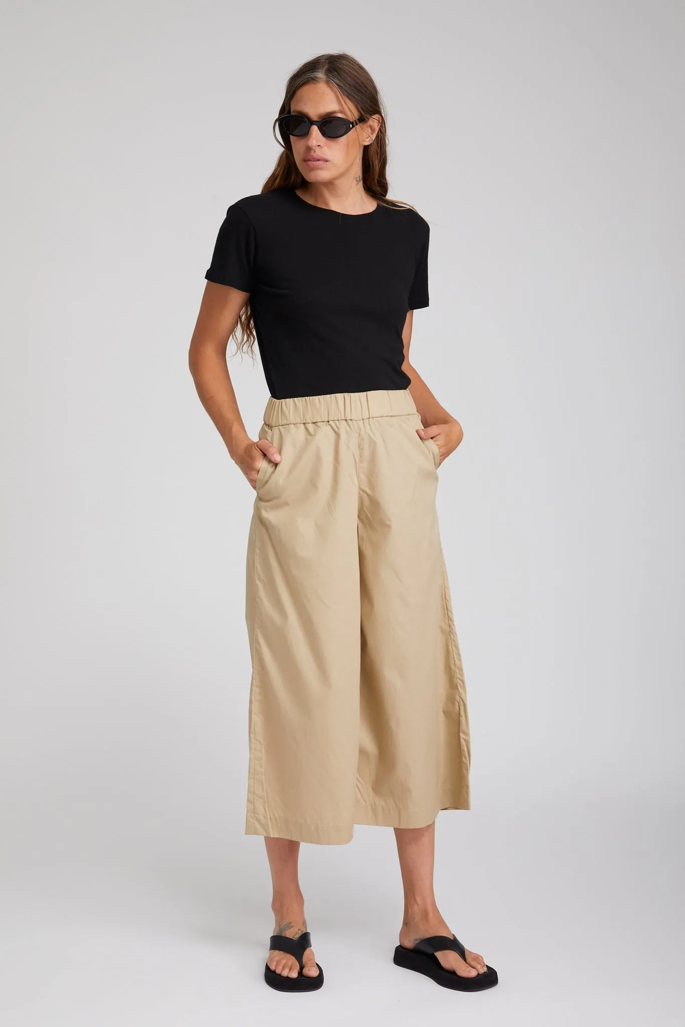 Beige Cotton Poplin Culotte Pants Active Comfort Fit Utility Pockets