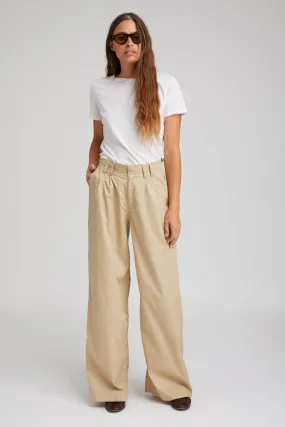 Beige Cotton Poplin Pleated Trousers Relaxed fit wear