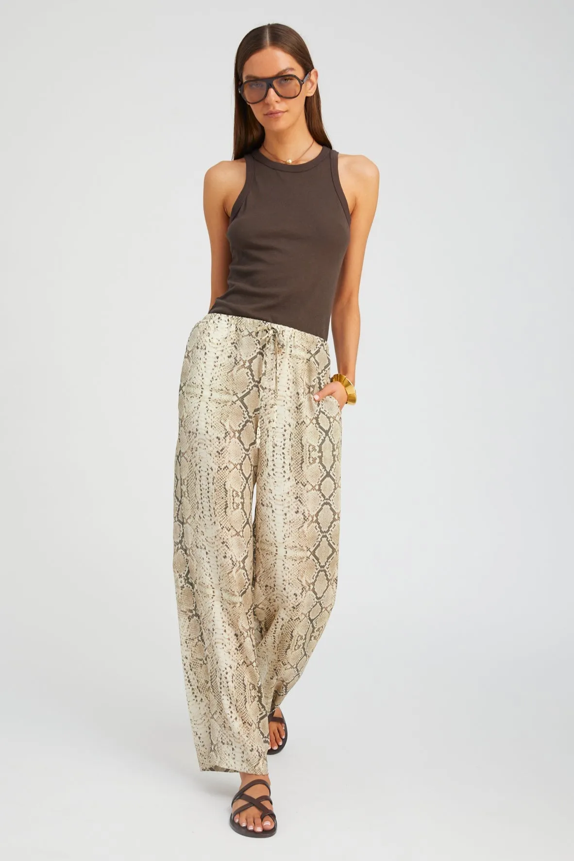 Beige Snakeskin Silk Kauai Pants Practical Wear High-rise waist