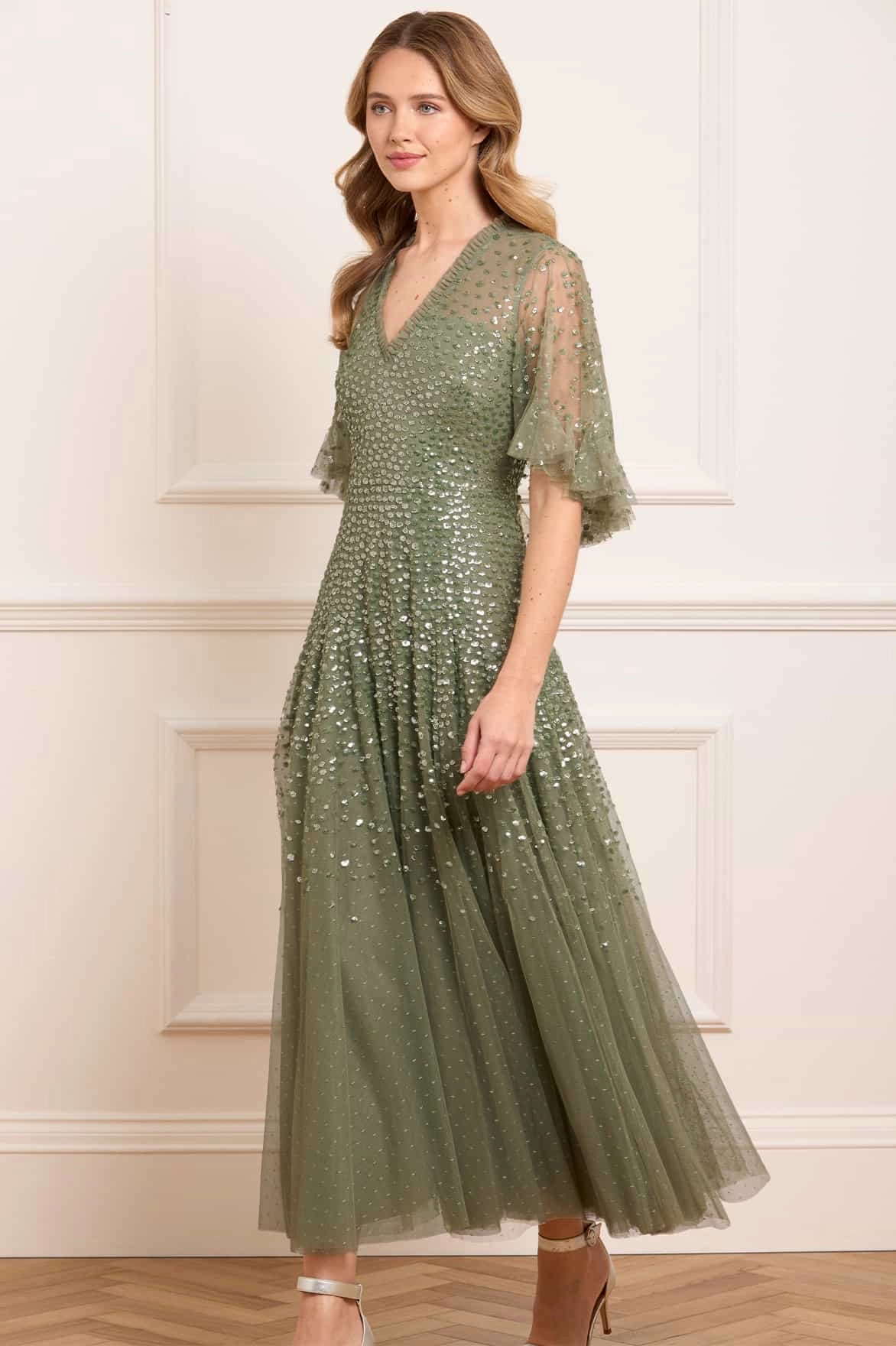 Church Scene Bishop-Sleeve Dappled Sequin Cape Ankle Gown