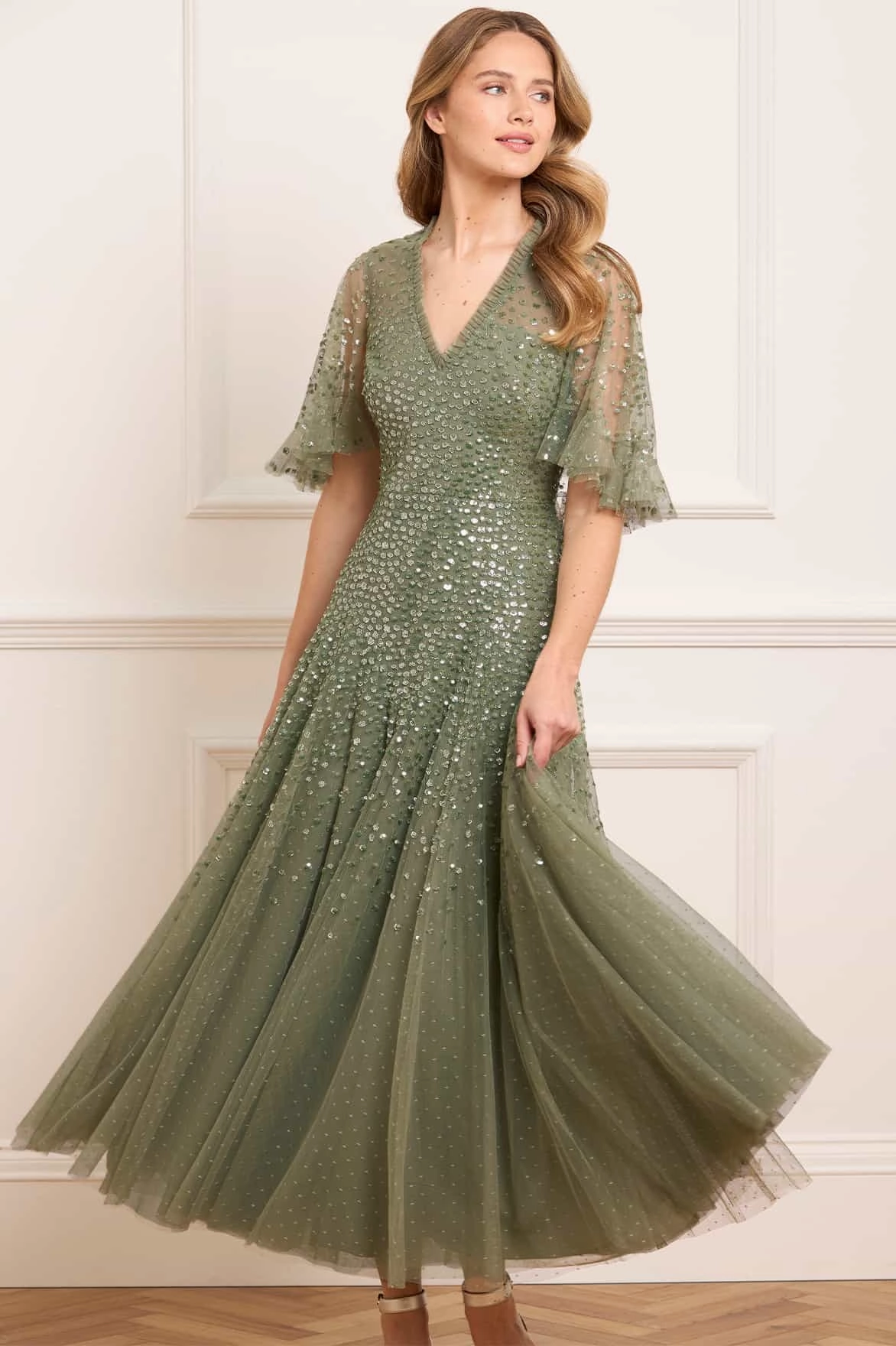 Dappled Sequin Cape Ankle Gown Minimal Detail