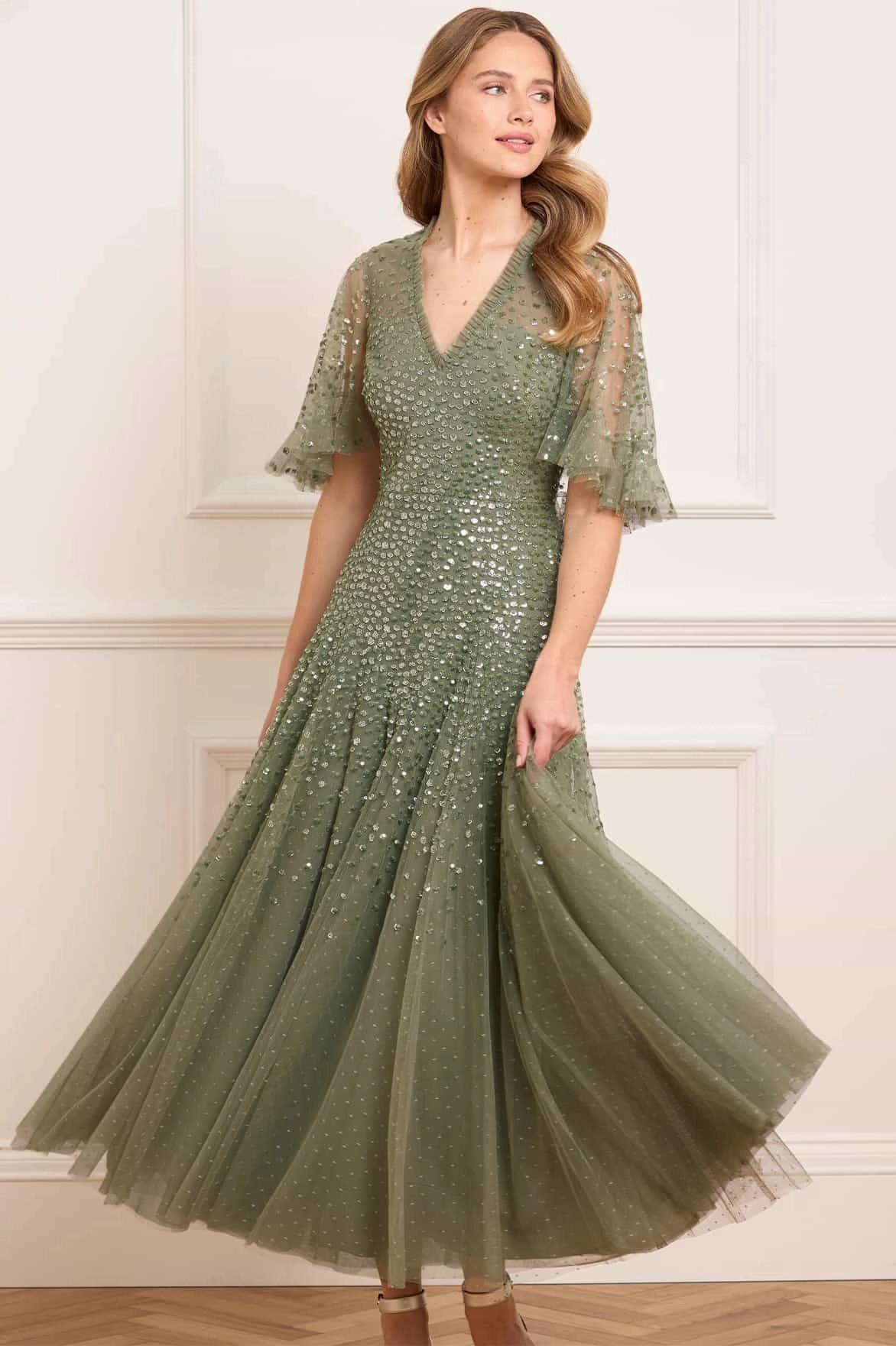 Dappled Sequin Cape Ankle Gown Soft Appeal Elegant Mature