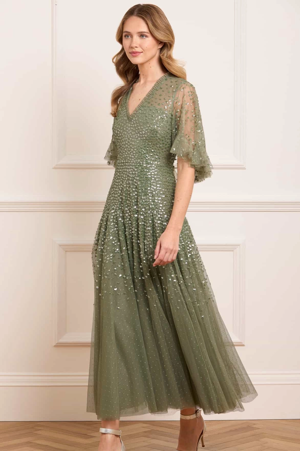 Dappled Sequin Cape Ankle Gown Satin-Edge Vibe Choice