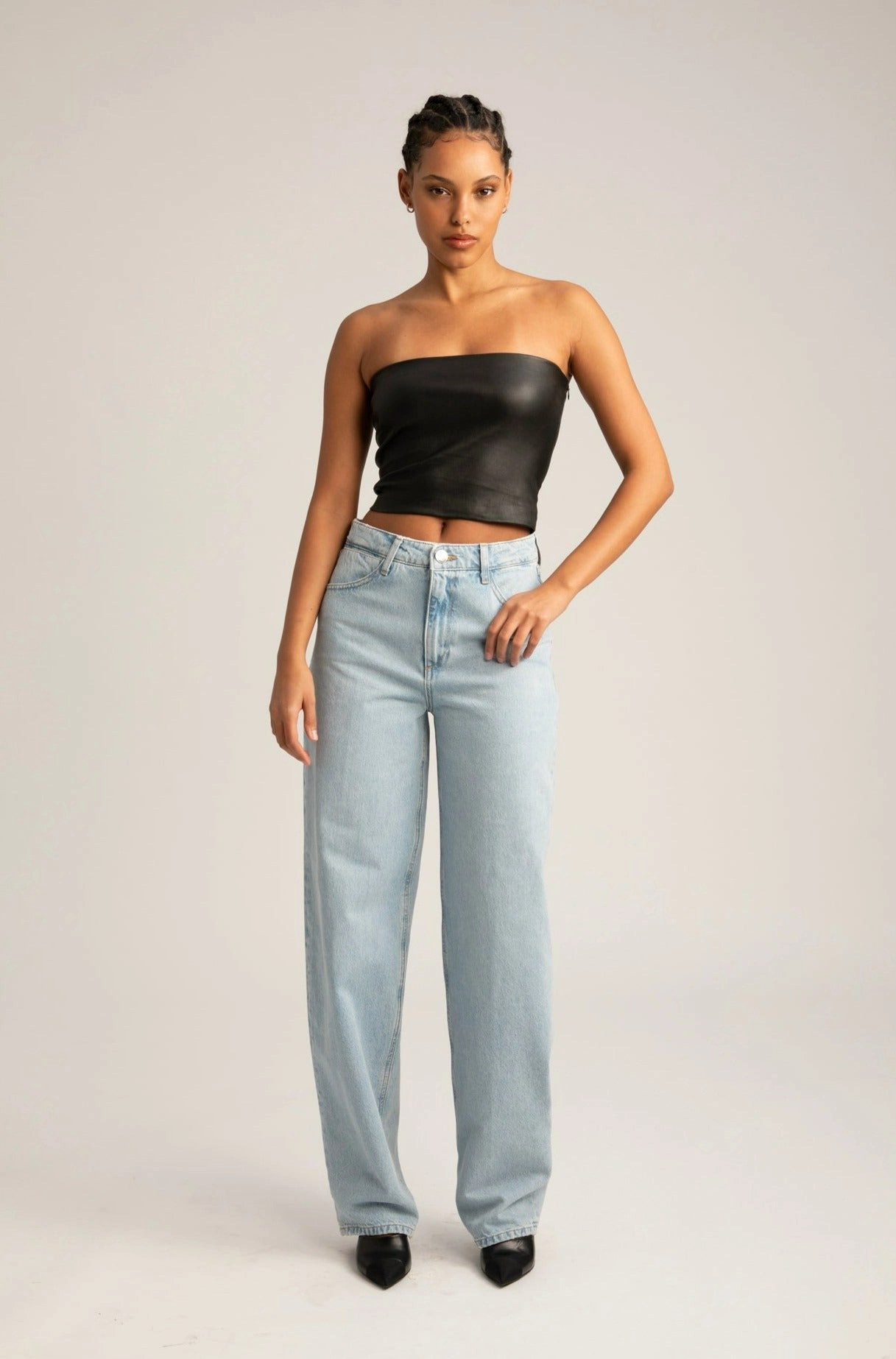 Bianca Wide Leg Tapered Denim DurableDoubleLayeredHem Ribbed Neckline