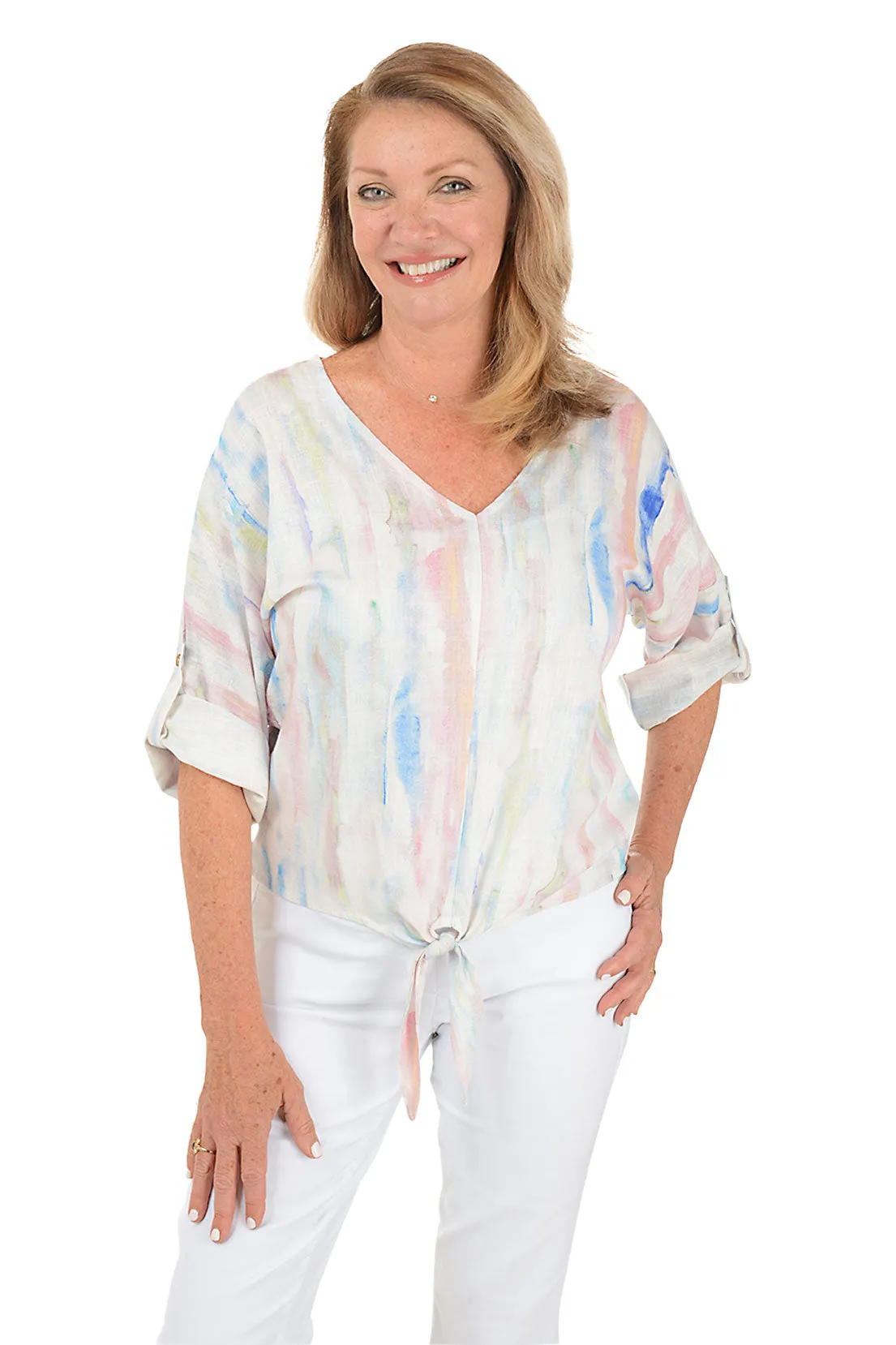 Watercolor Tie-Front Blouse NonIrritatingEdges Classic Crew Neck