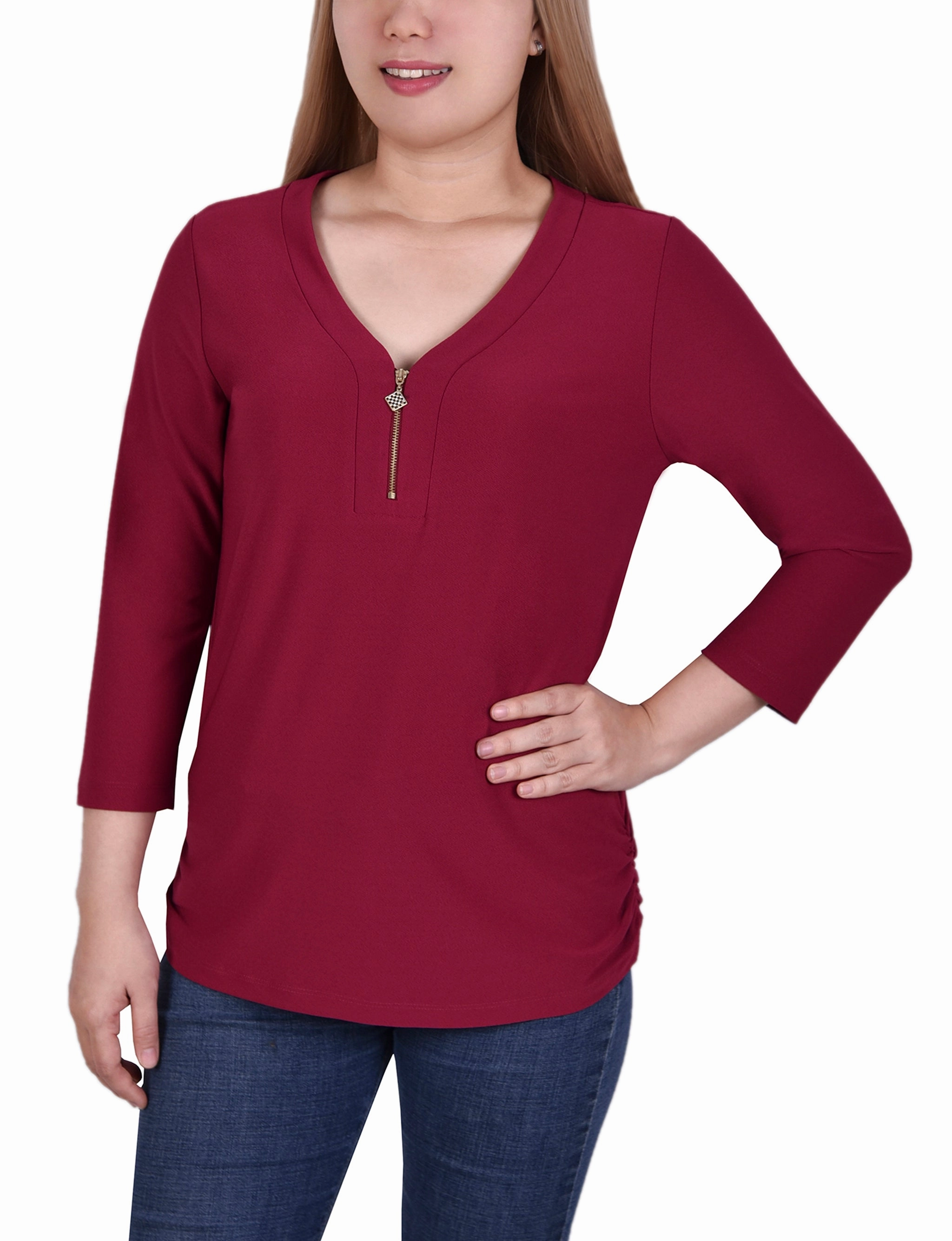 Breathable Mesh Back Ethically Sourced Yarn Plus Size Long Sleeve Crepe Knit V Neck Top With Zipper
