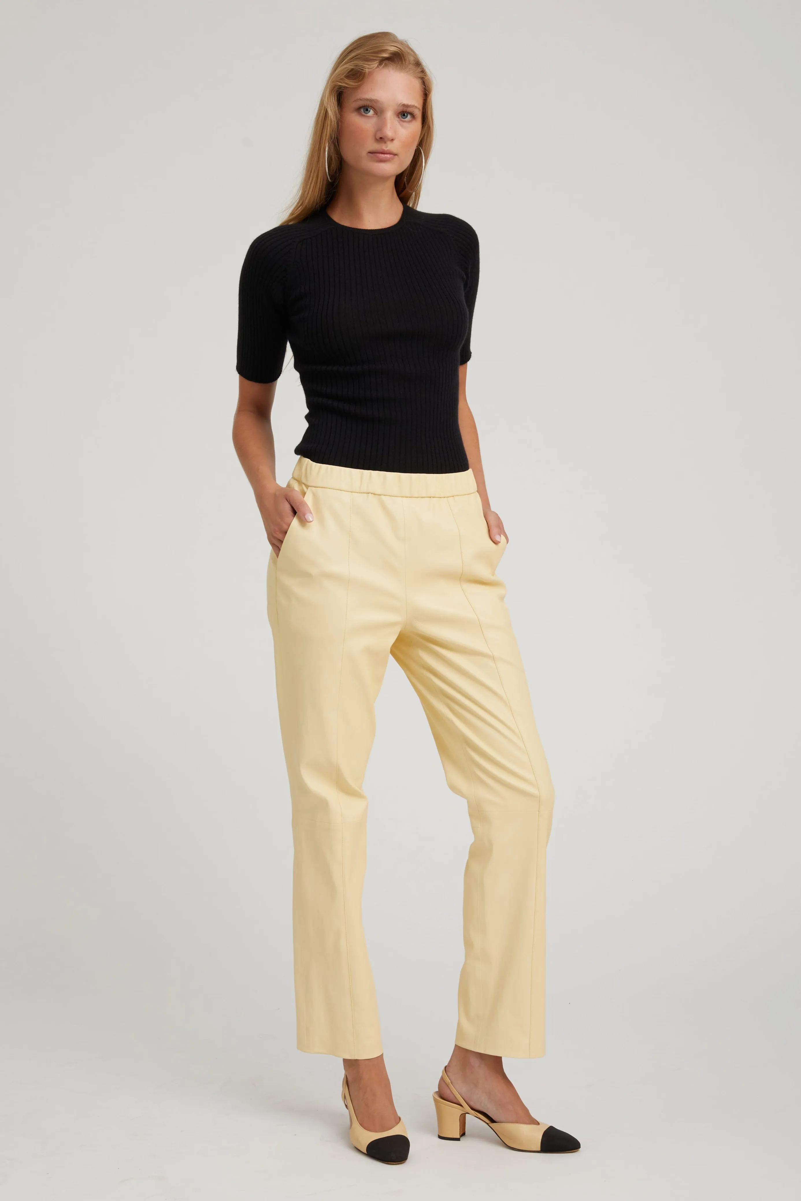 Black Cashmere Mid Sleeve Crewneck Bound Edges