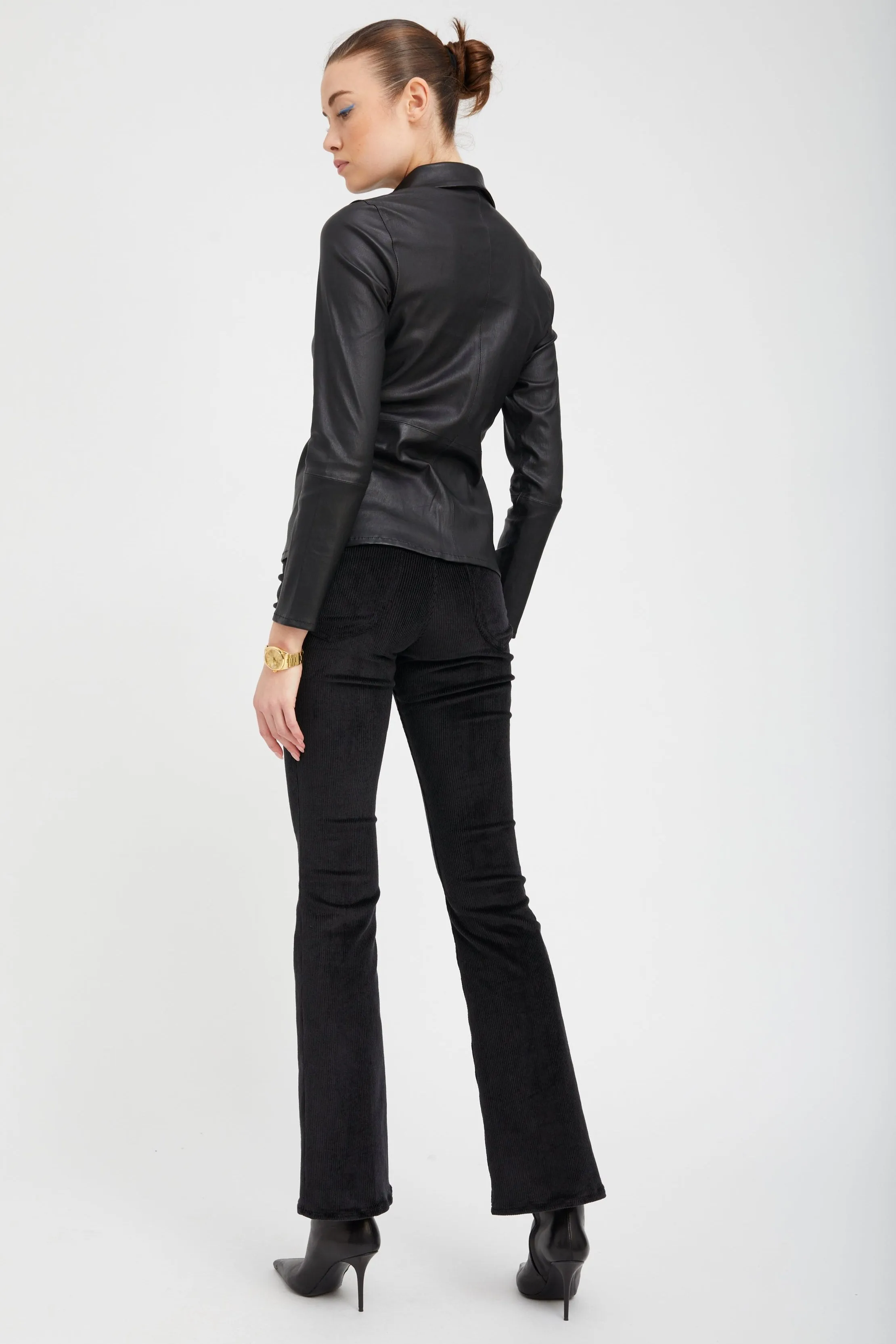 Black Corduroy Micro Flare Pants Rubberized Hem Comfortable Stretch