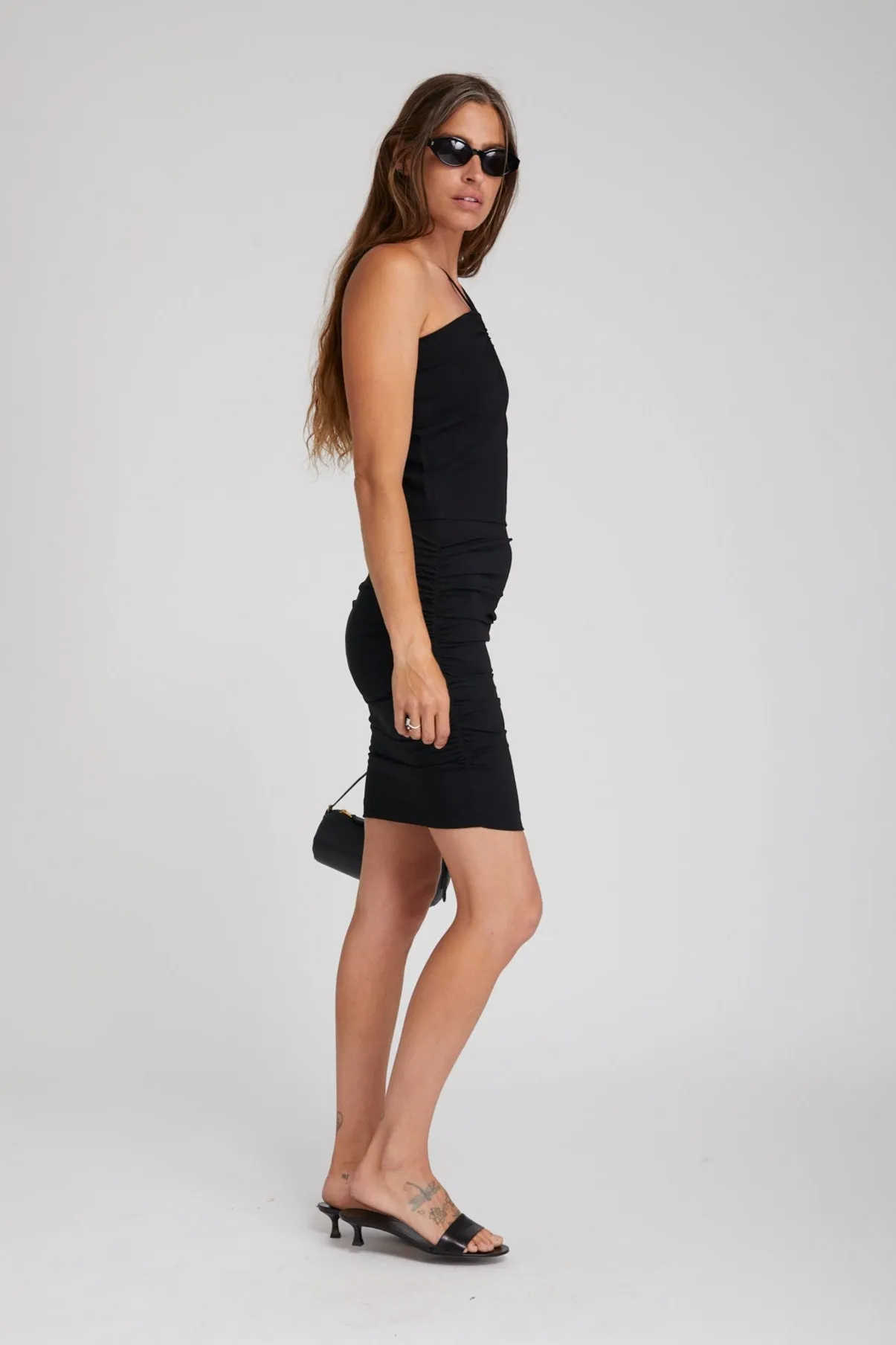 Bonded Seam Construction Black Crepe Shirred Top with Wire