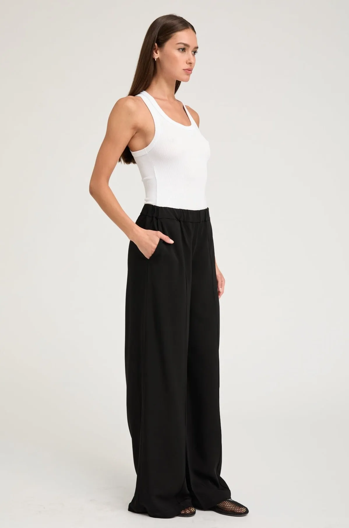 Black Crepe Wide Leg Pintuck Trousers Multi Panel Construction