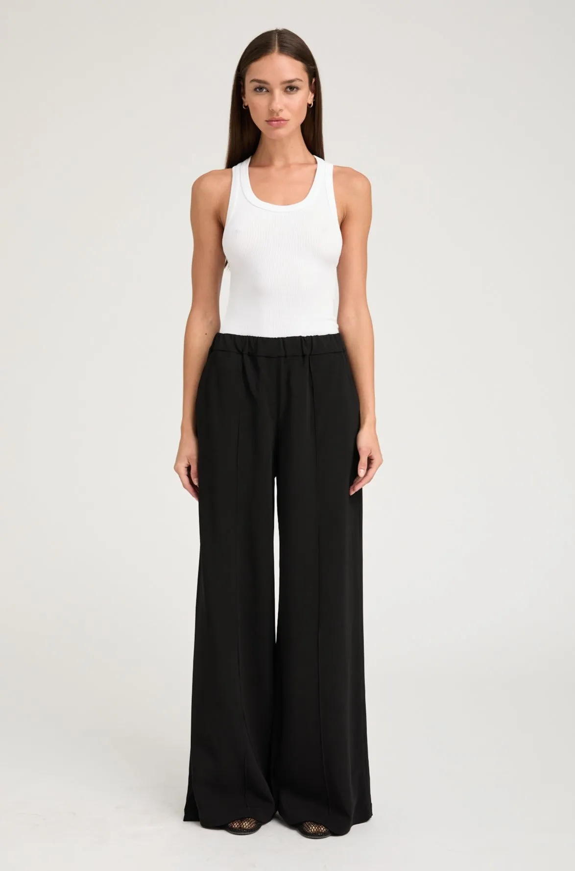 Trendy Layering Low-rise style Black Crepe Wide Leg Pintuck Trousers