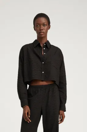 Recycled Polyester Material Black Eyelet Cropped Button Down