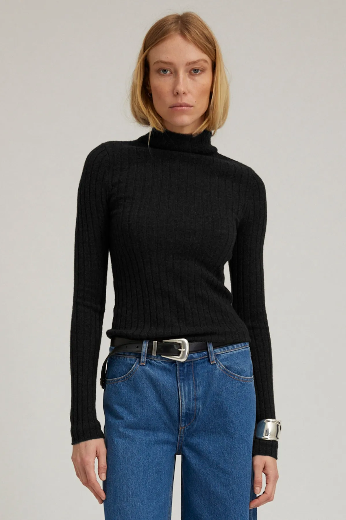 Black Heavy Cashmere Mock Neck Oversized Silhouette