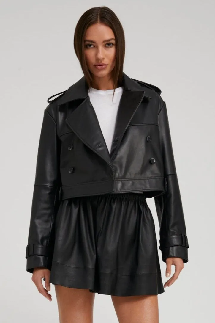 Recycled Material Blend Black Leather Cropped Trench