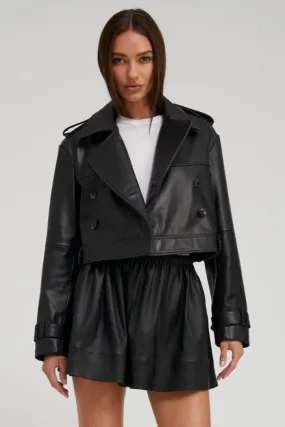 Black Leather Cropped Trench Odor Resistant Treatment Detachable Layers