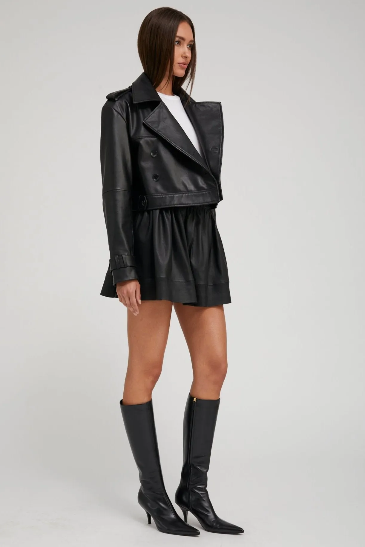 Black Leather Cropped Trench WrinkleFreeFinish