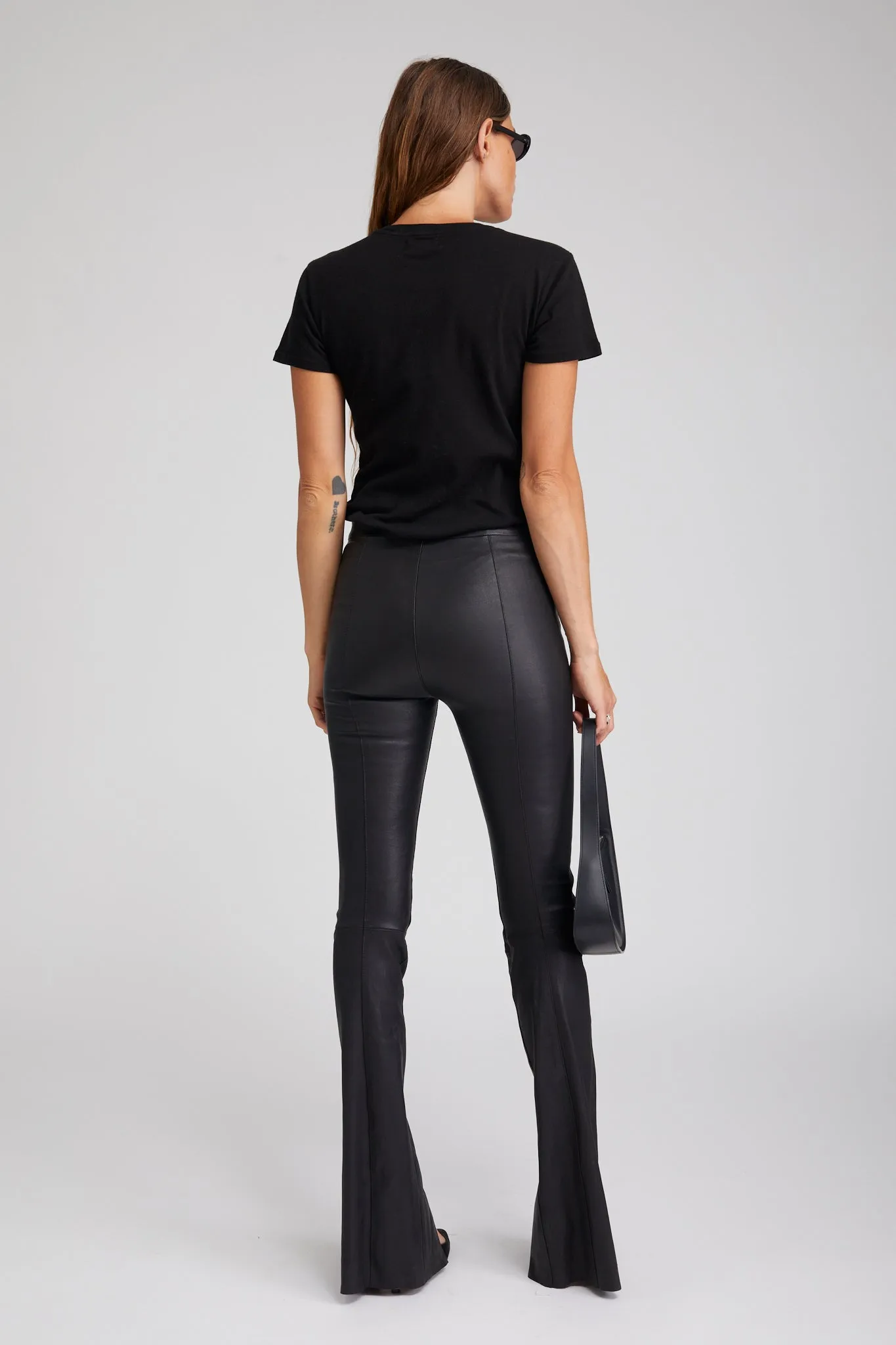OdorResistant Black Leather Front Slit Micro Flare Pants