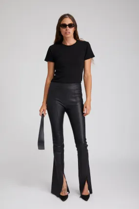 Sporty Vibe Black Leather Front Slit Micro Flare Pants