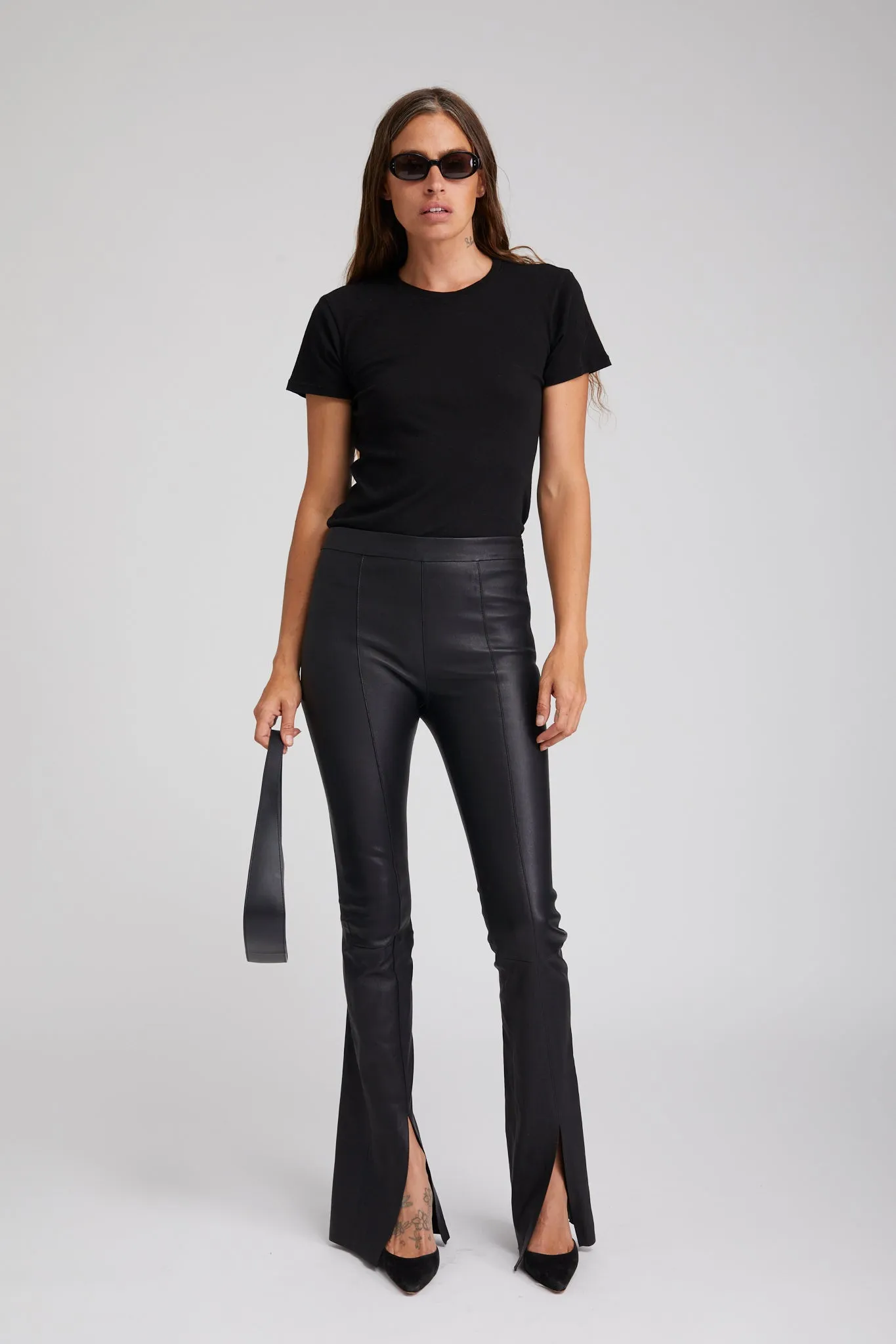 No Pinch Black Leather Front Slit Micro Flare Pants