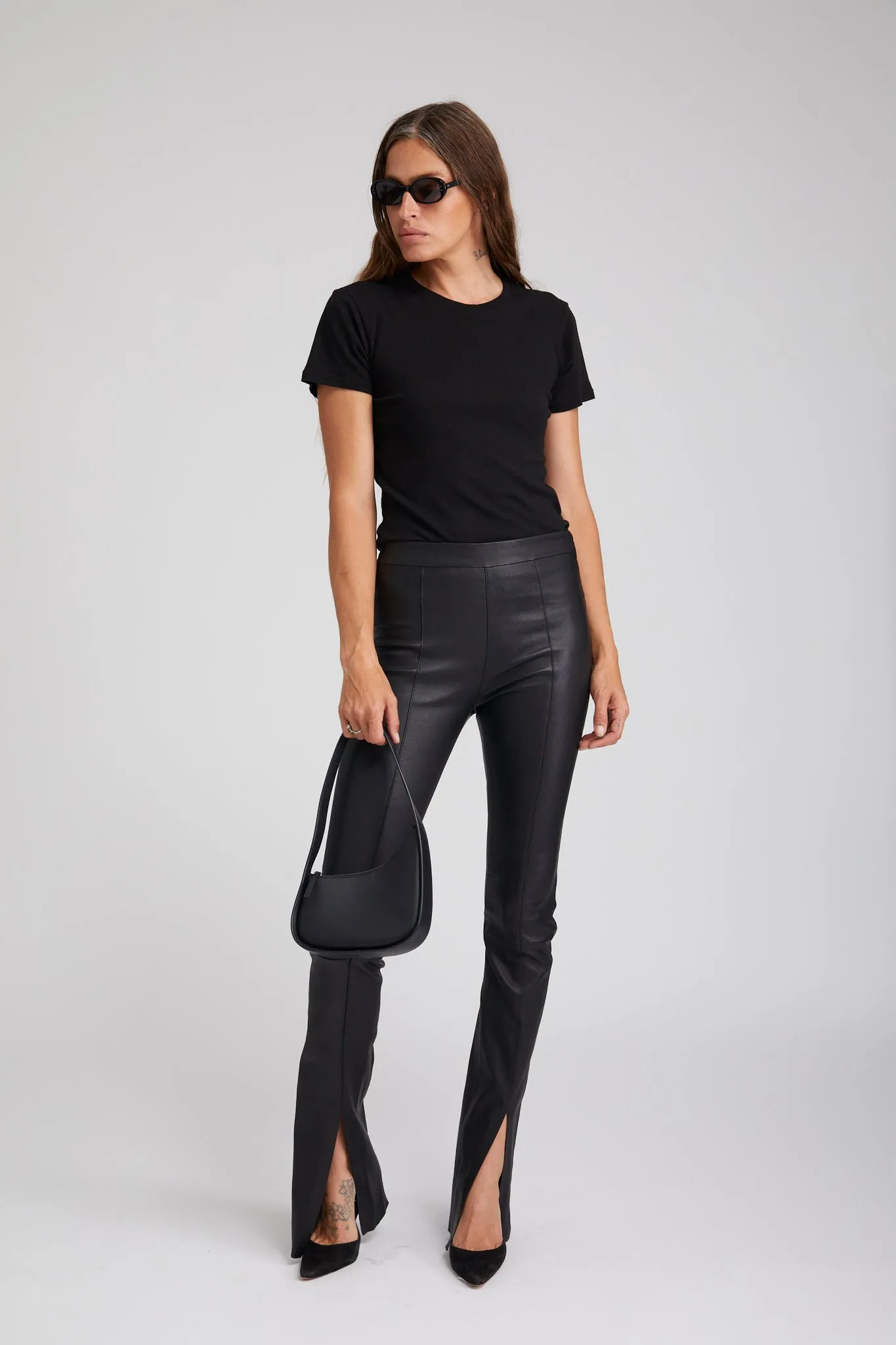 Black Leather Front Slit Micro Flare Pants Stretch Comfort