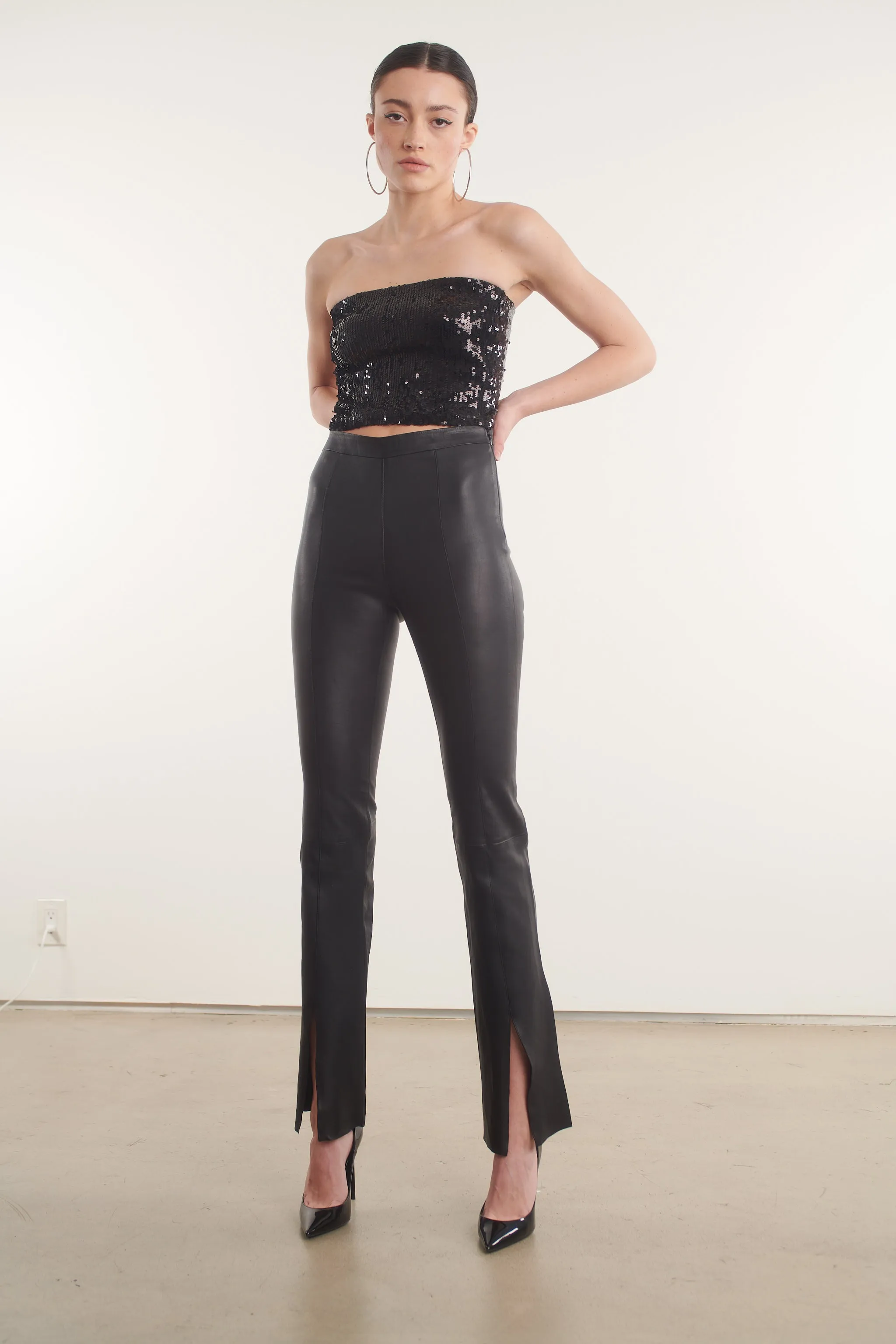 Black Leather Front Slit Micro Flare Pants LowProfileTopstitching Wind Resistance