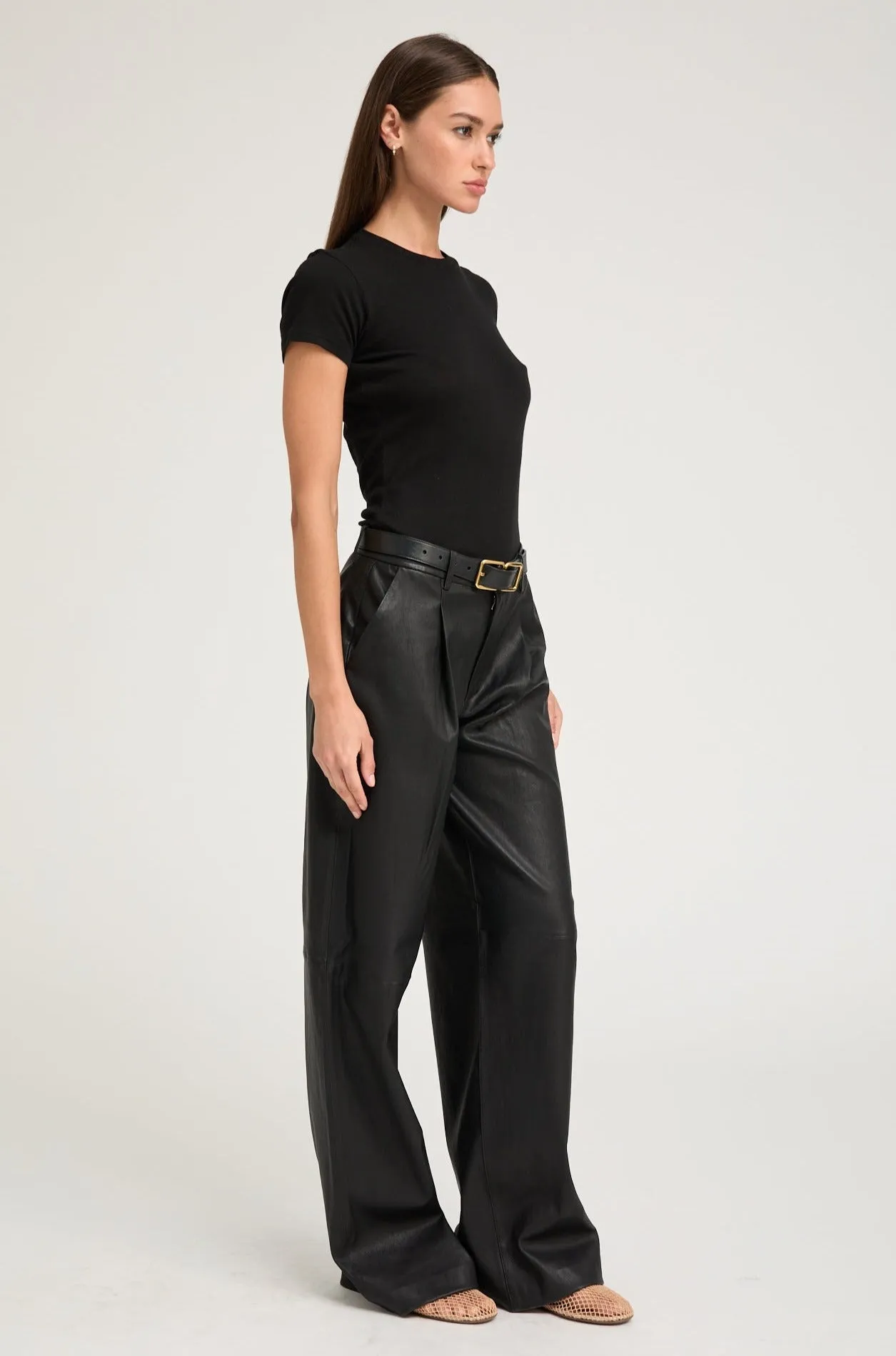 Black Leather Pleated Trousers Casual Active Body-Hugging Fit
