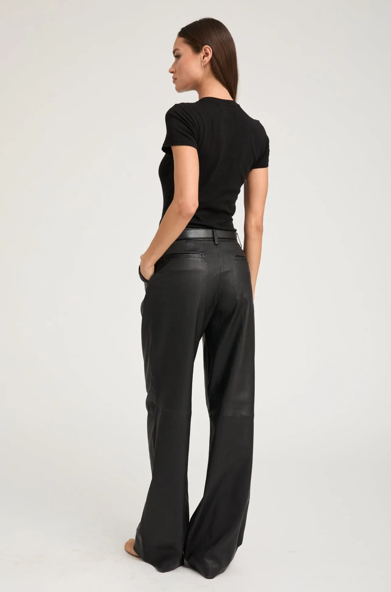 Windproof Membrane Low Profile Waistband Black Leather Pleated Trousers