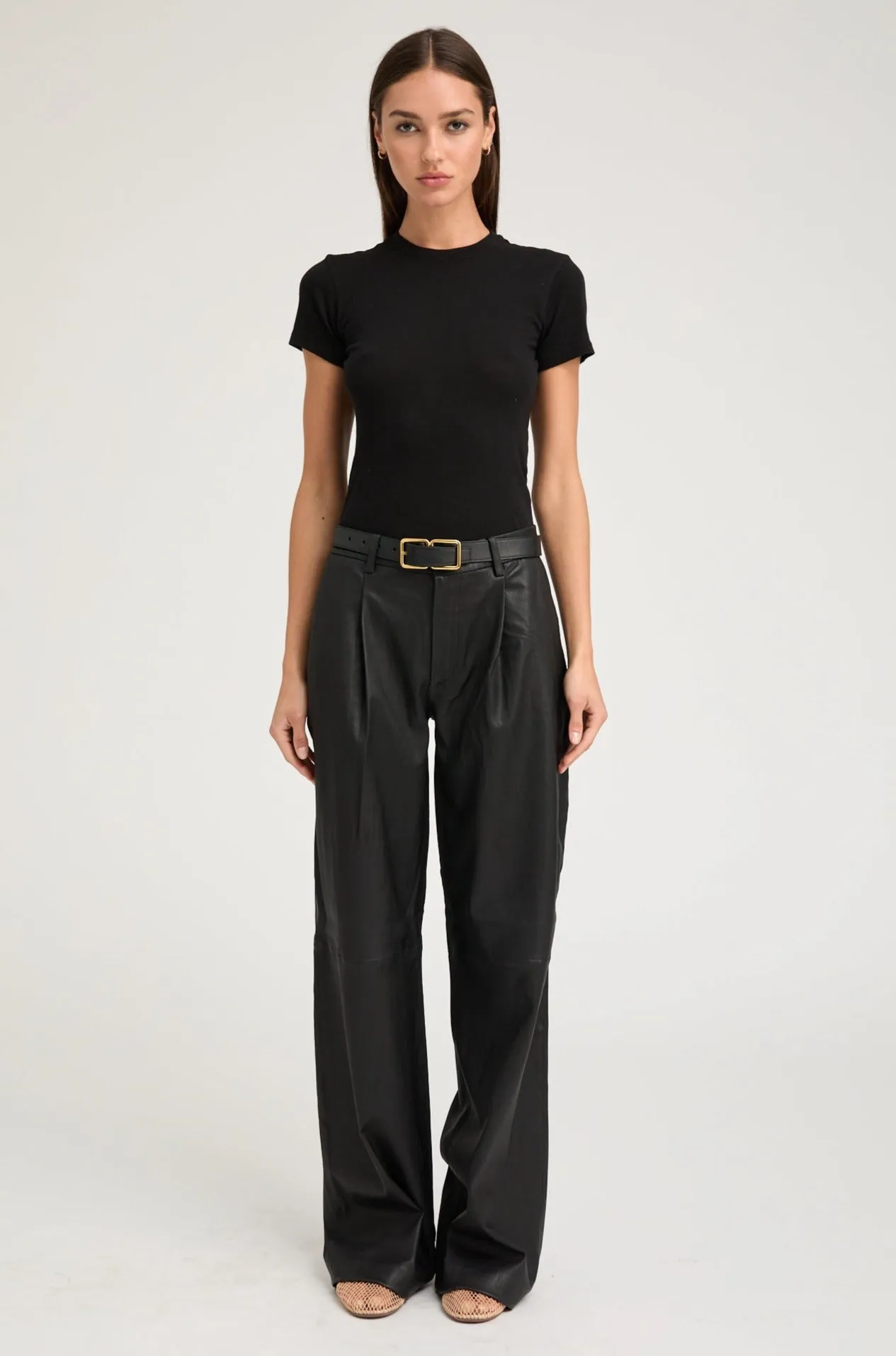 Form Fit Comfort Layering Piece Black Leather Pleated Trousers