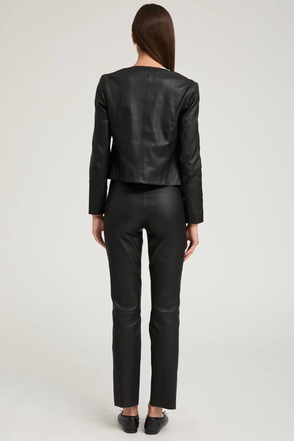 Black Leather Shrunken Jacket Stretchable Panels Reflective Safety Trim