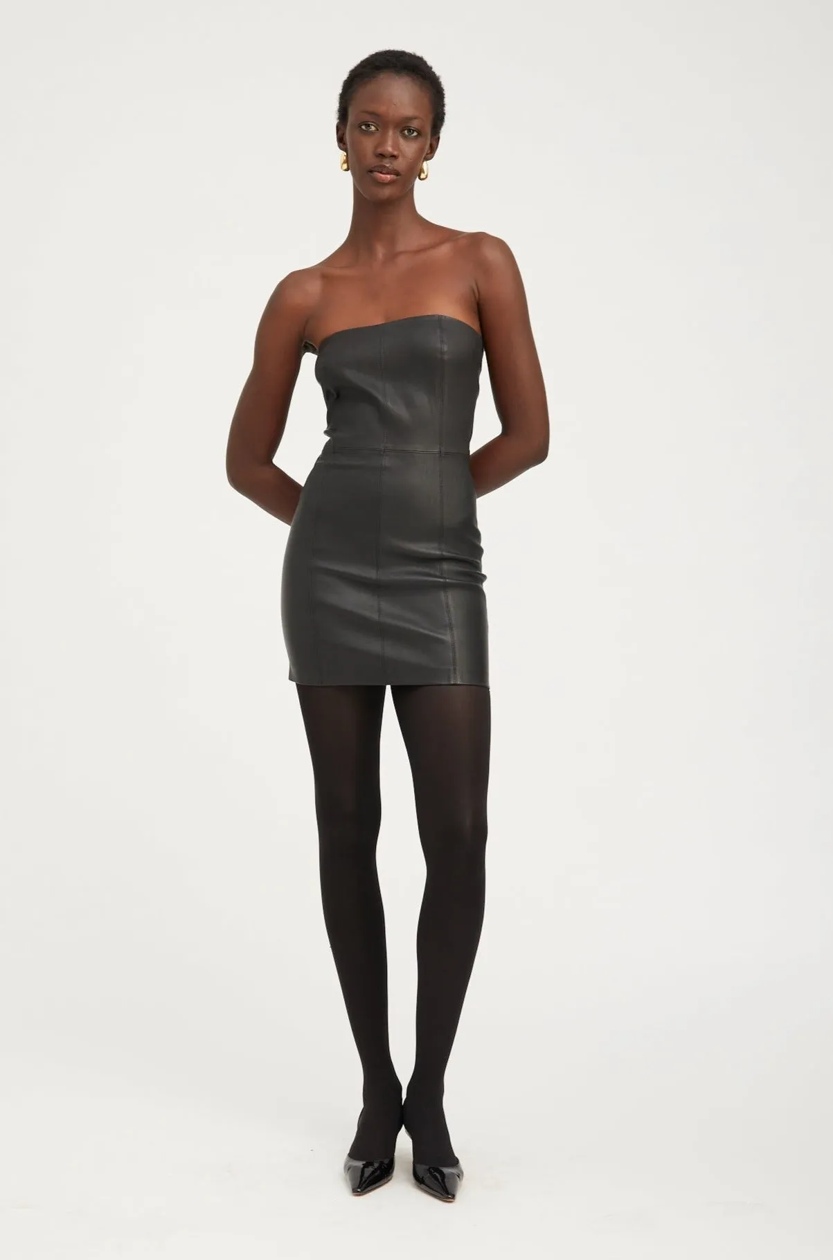 City Layering Black Leather Strapless Dress