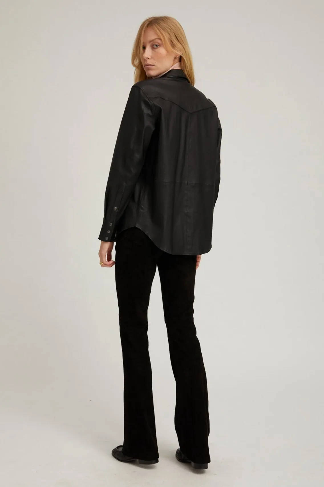 LightweightMaterial Black Leather Western Button Down
