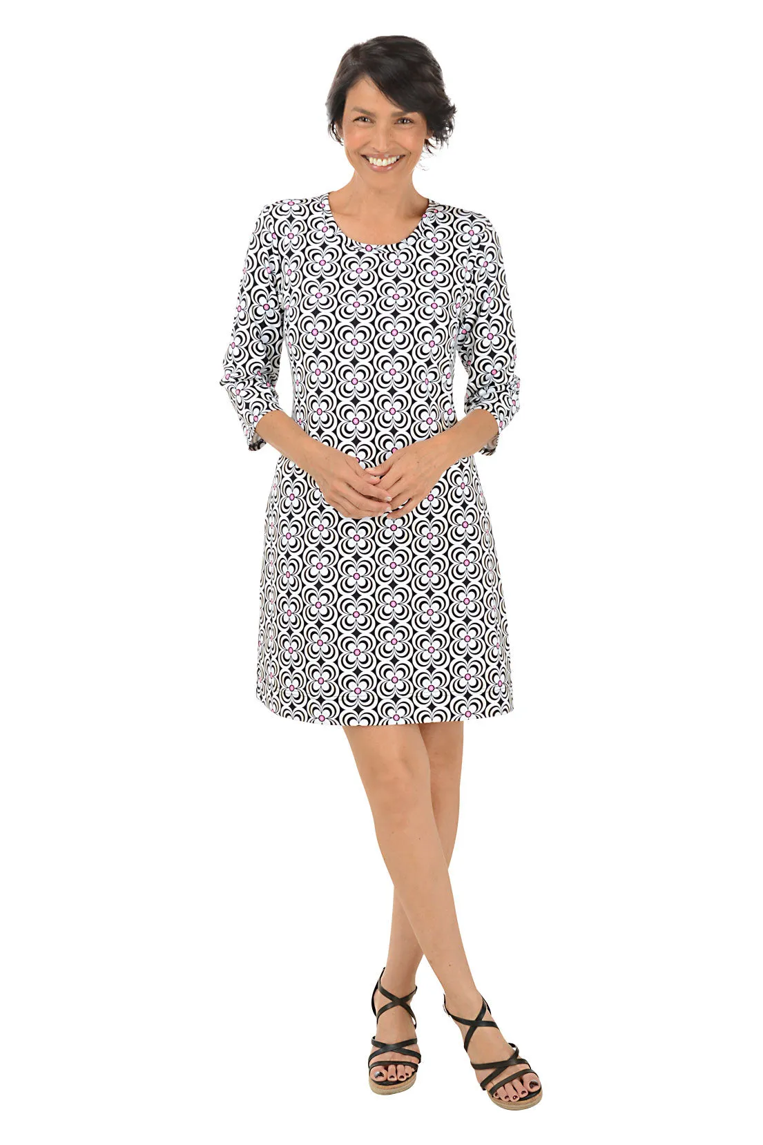 Black Optical Daisy UPF50  Travel Dress Professional Look Sustainable Fabric Blend