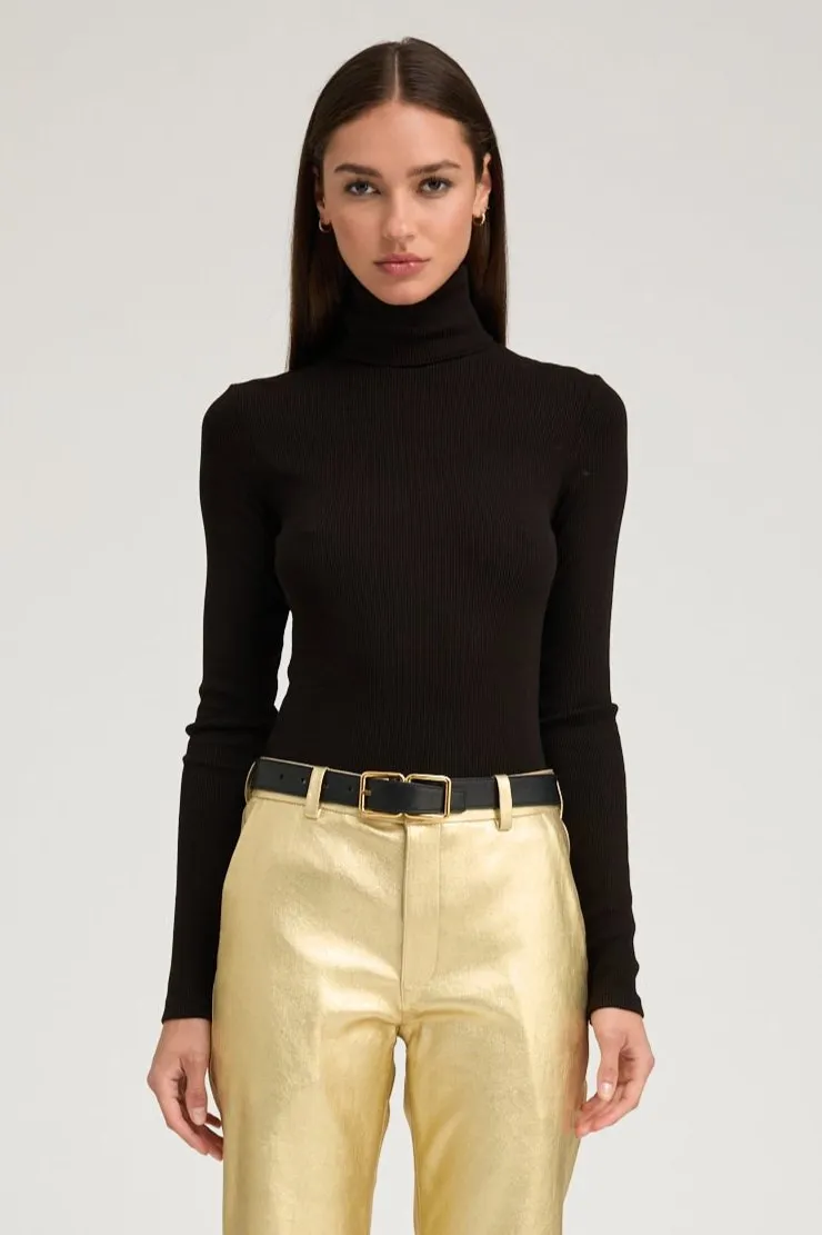 Black Rib Long Sleeve Turtleneck Brushed Inner Layer Ultrasoft Inner Lining