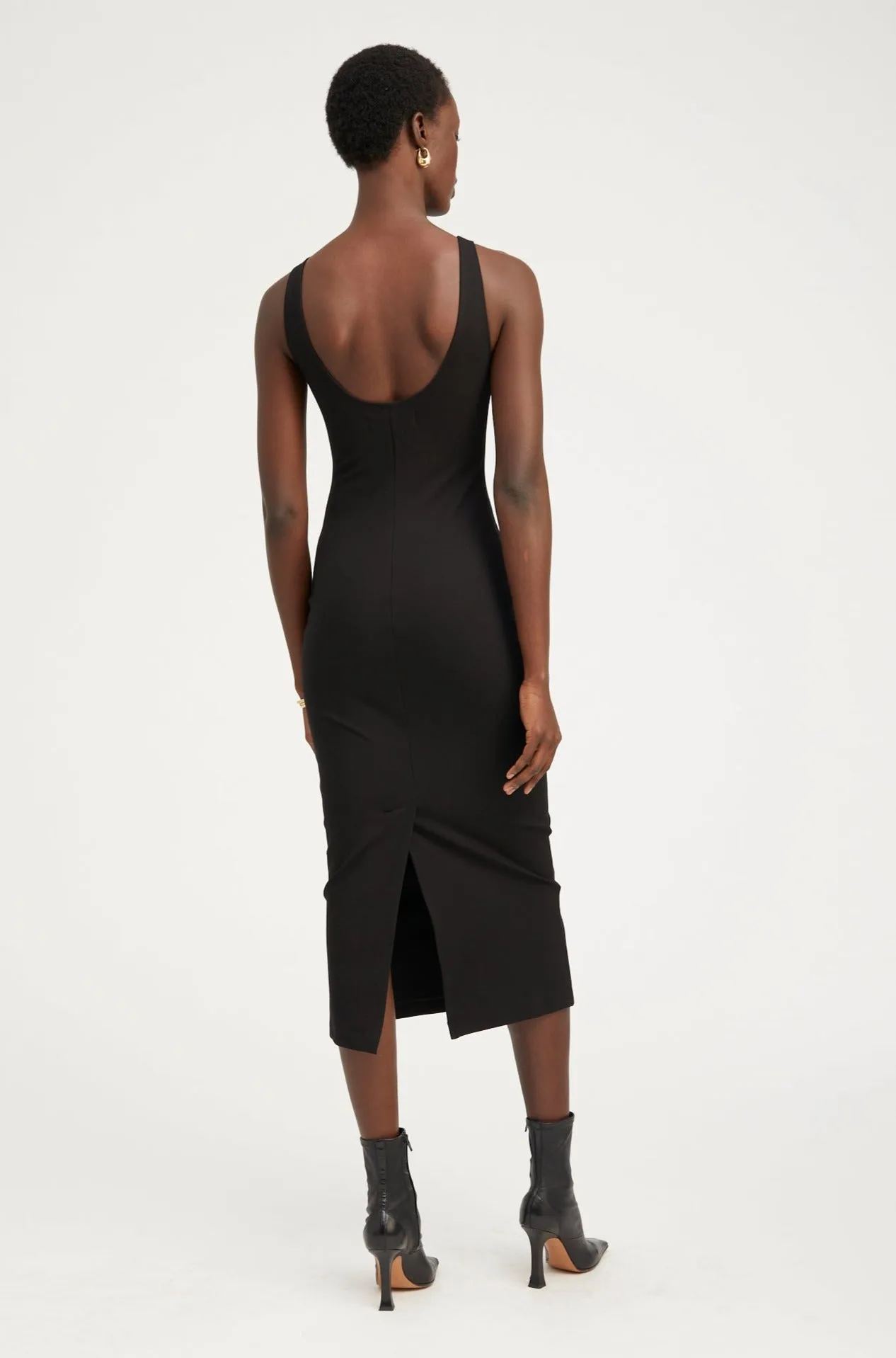 Layerable Piece Shirred-Detail Black Scoop Neck Dress