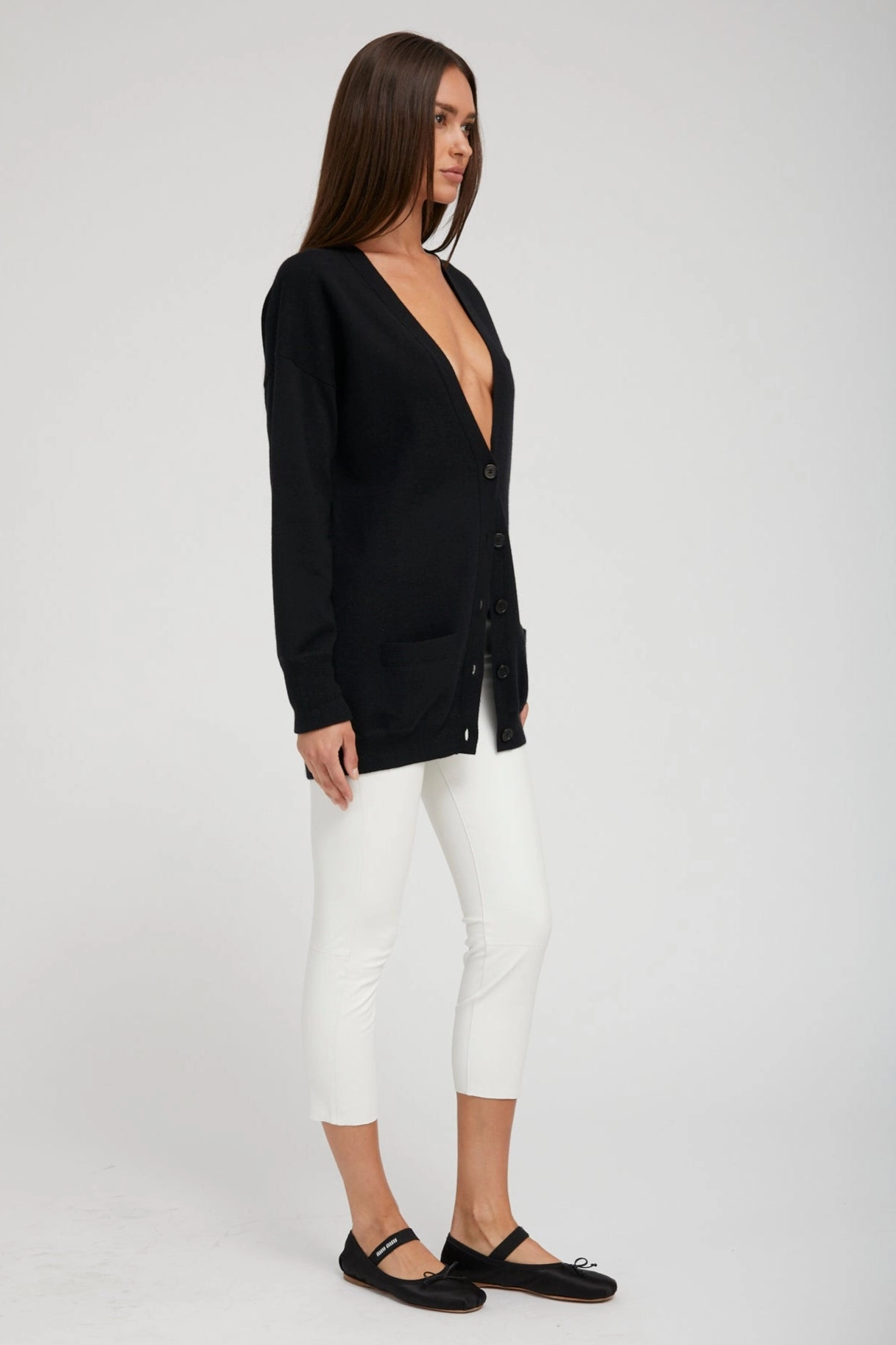 ThermalRegulating Reflective Accent Trim Black Cashmere Boyfriend Cardigan