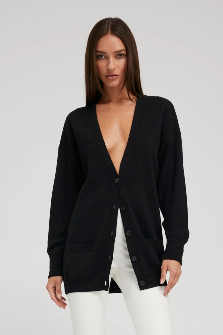 Black Cashmere Boyfriend Cardigan TonalStitching