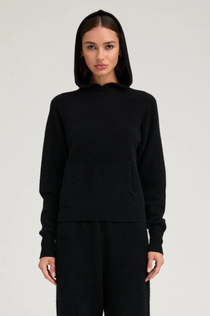 DoubleStitched Hemming Black Cashmere Hoodie