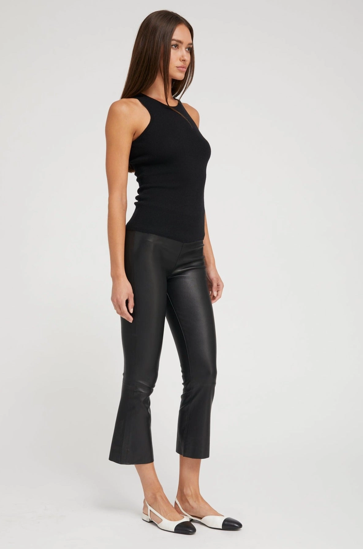 Black Leather Crop Flare Body-Hugging Fit Perfect Fit