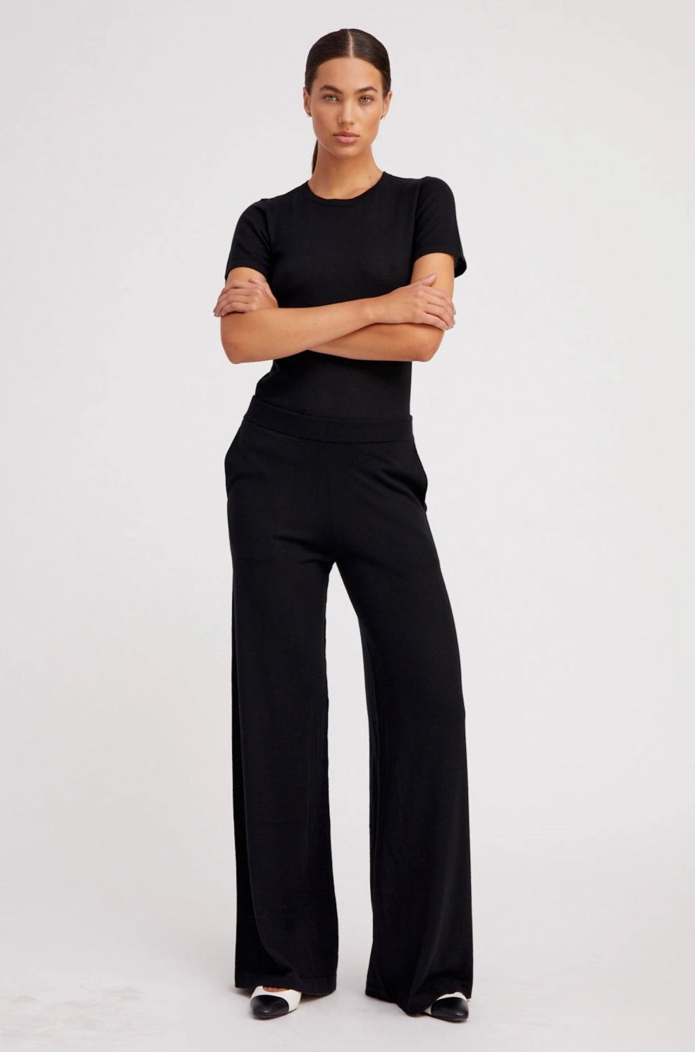 Organic Cotton Structured fabric Black Ultra Fine Cashmere Wide Leg Pants
