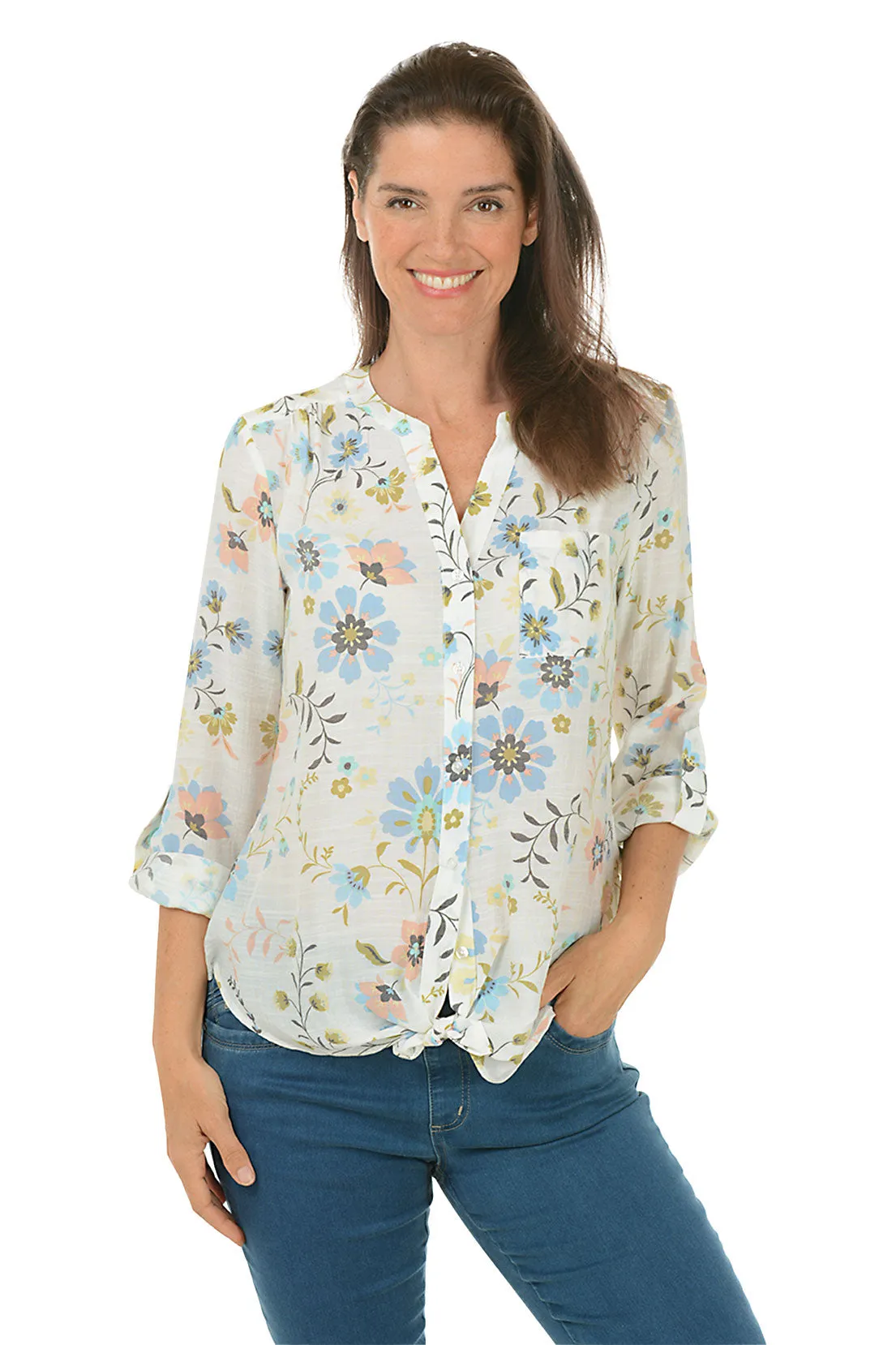 Blooming Dahila Button-Front Blouse Active Design Non Restrictive Fit