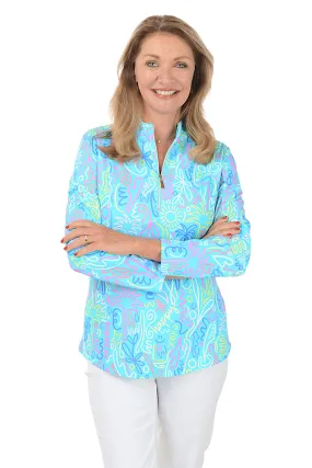 Blue Beach Drawings Cooling UPF50  Mock Neck Top HypoallergenicFibers ReflectiveAccents