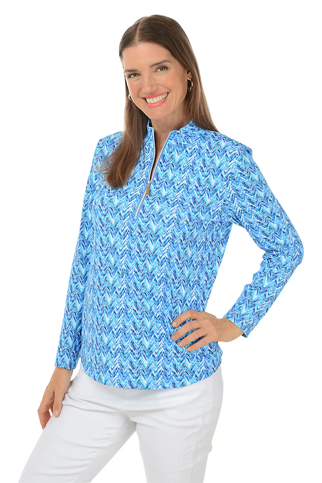 AntiOdorTechnology Blue Chevron Mock Neck UPF50  Top