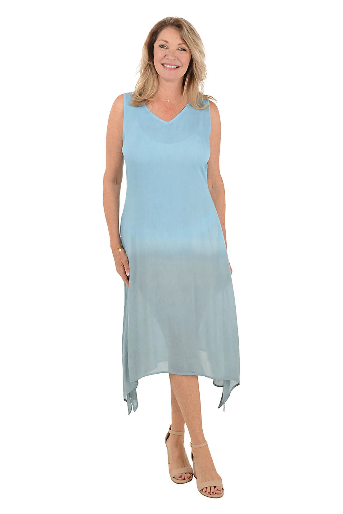 Blue Dip-Dye Sleeveless Midi Dress SeamlessConstruction Perfect Fit Wear