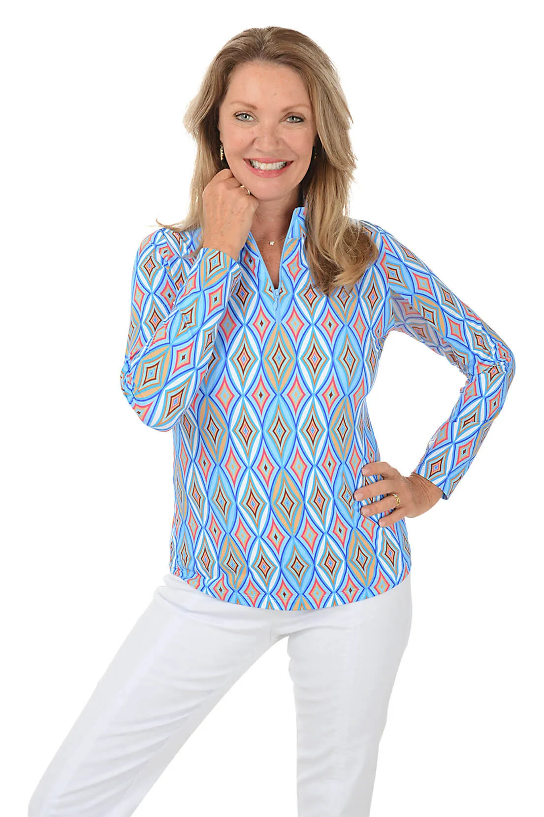 Stay Cool Technology QuickRelease Fastener Blue Romina Diamond UPF50  Sun Shirt