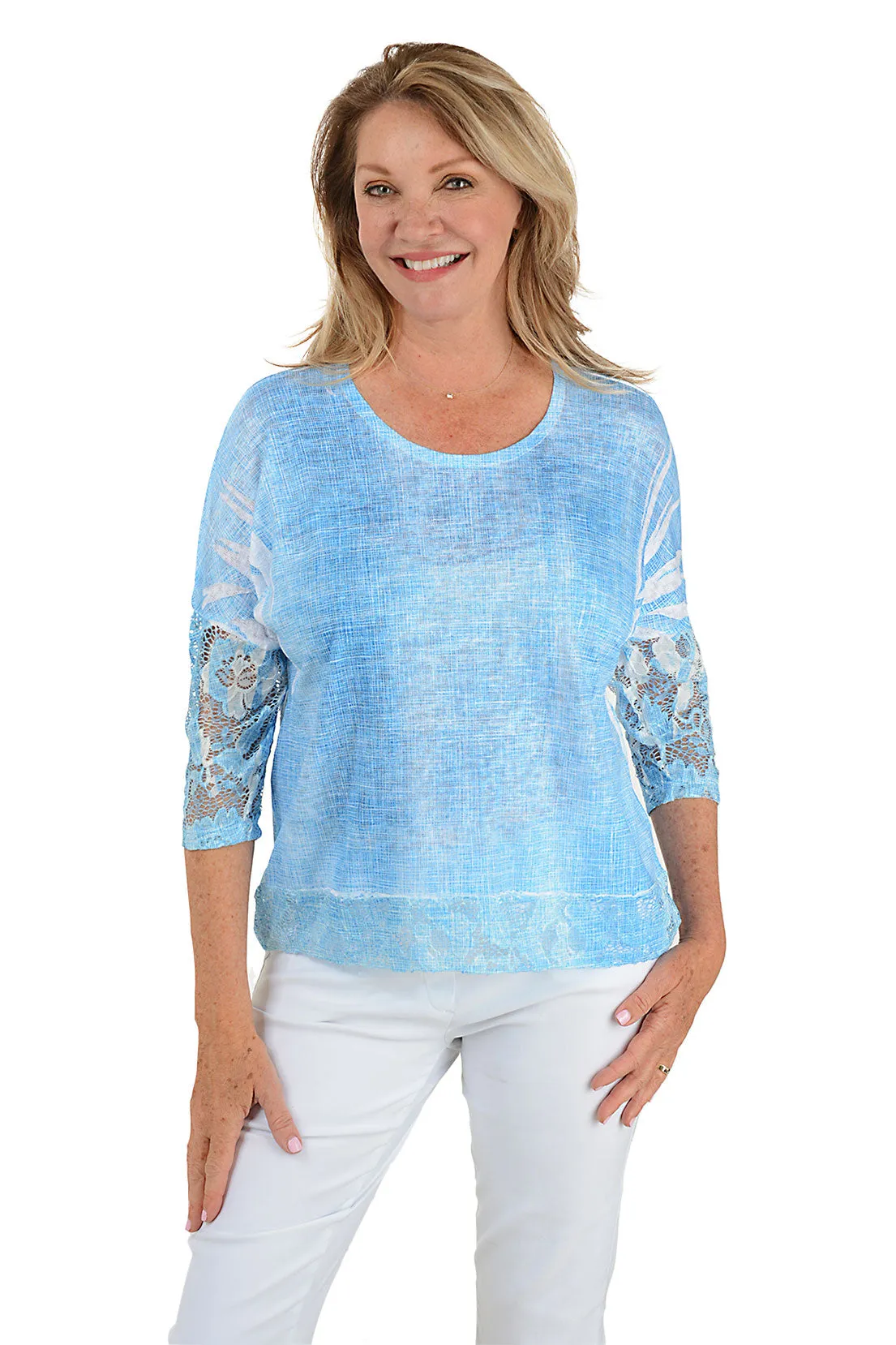 Blue Shadow Lace Trim Dolman Sleeve Top BreathableMeshPanels
