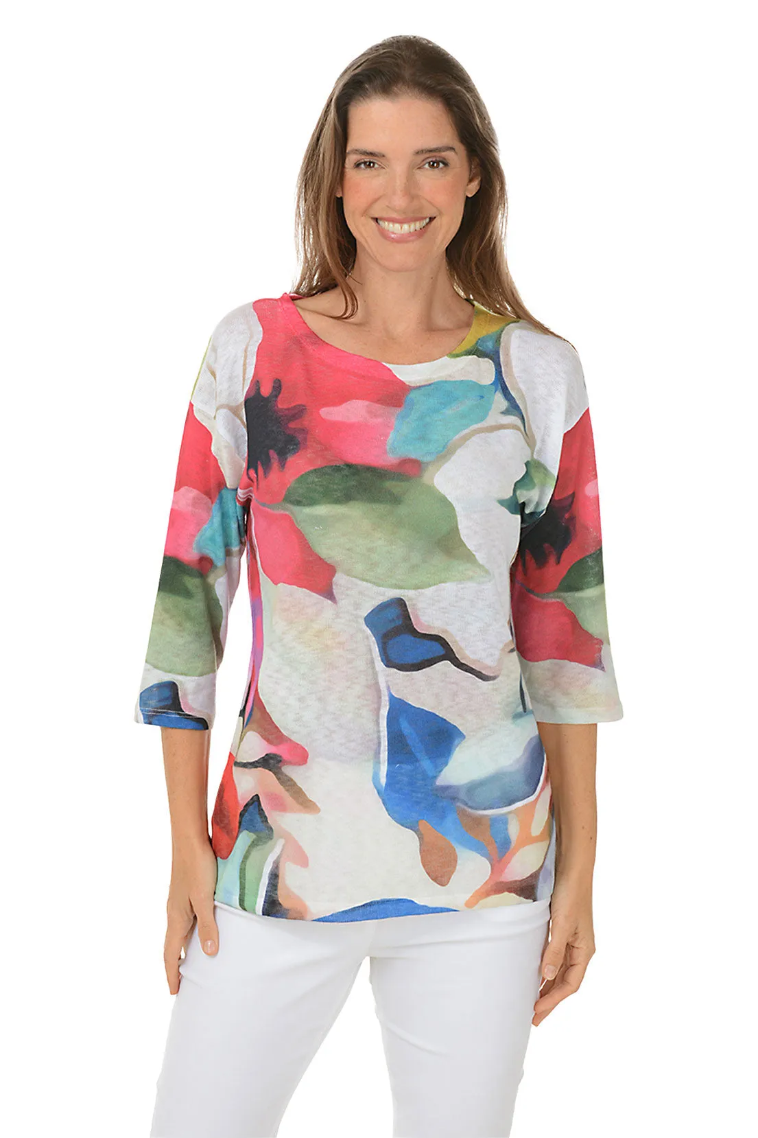 Bold Blooms Boat Neck Top ShockAbsorbing Ribbed Neckline