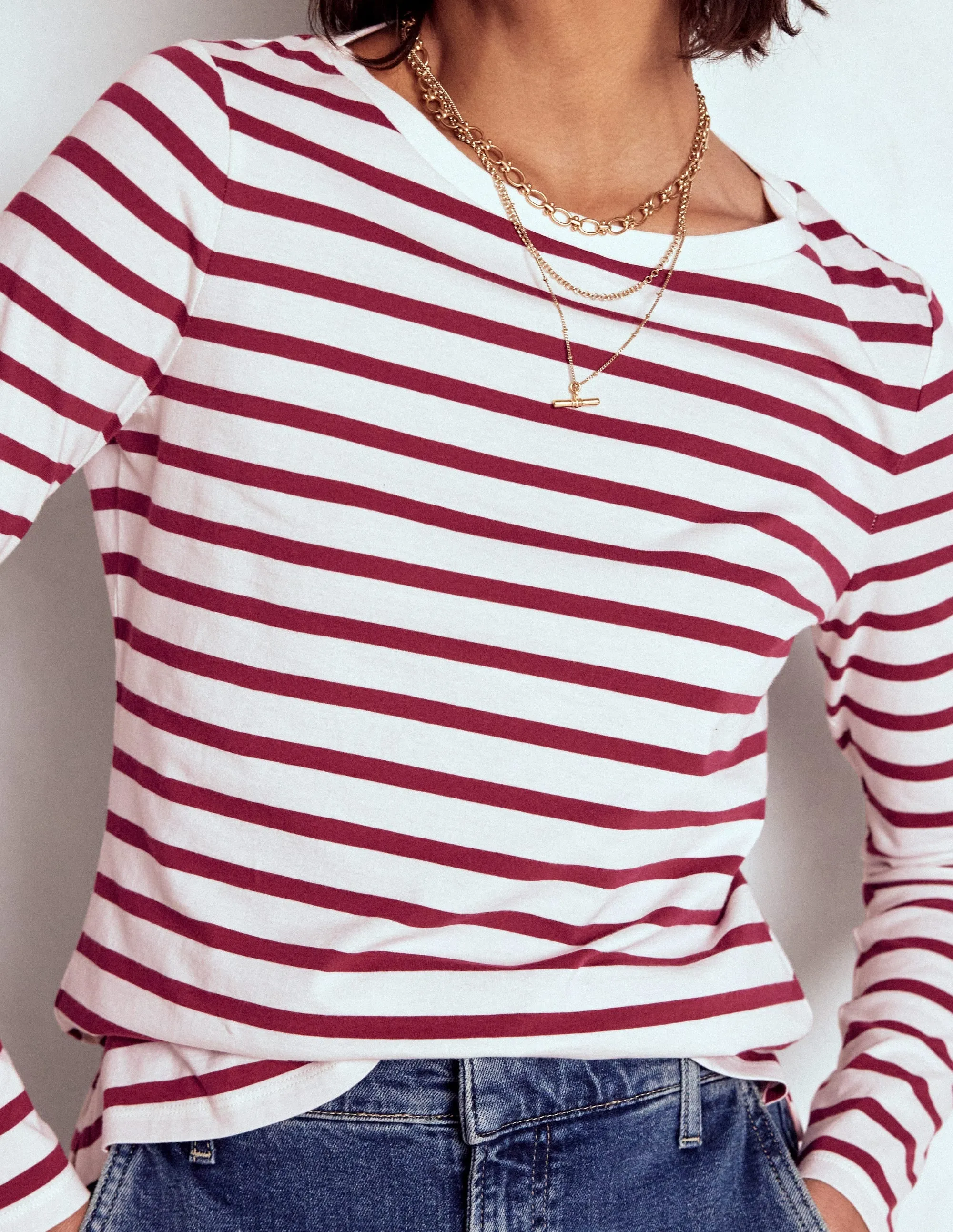 Olivia Long Sleeve Breton-Deep Wisteria Stripe Durable Reinforced Elbow Patches Shrinkage Prevention Treatment