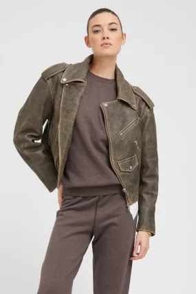 Grey Leather Biker Jacket Concealed Zippers